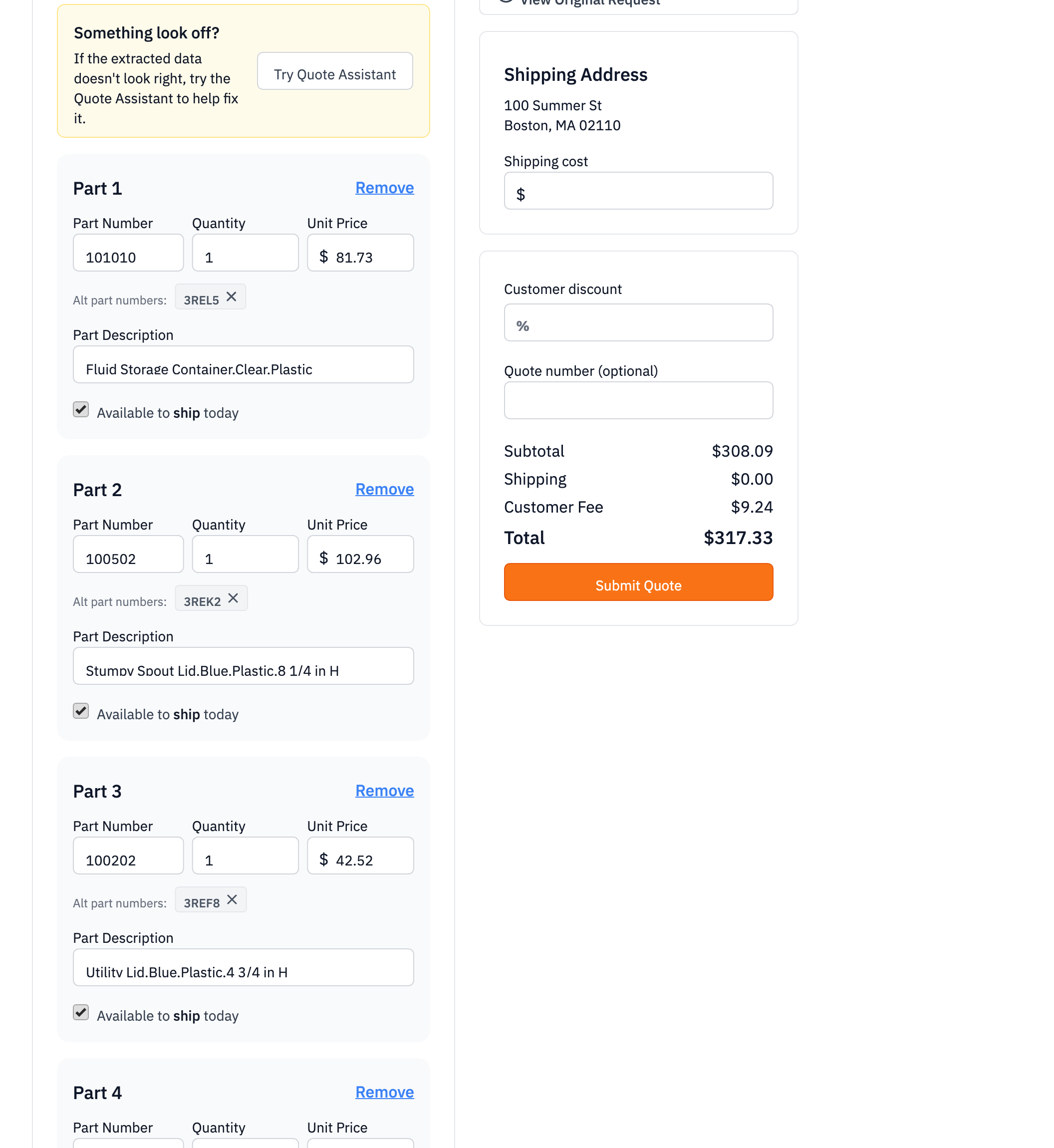 Quote Builder form with four line items prefilled from a Grainger PDF. Each row shows the manufacturer MPN as the part number and the Grainger SKU as a gray chip below.