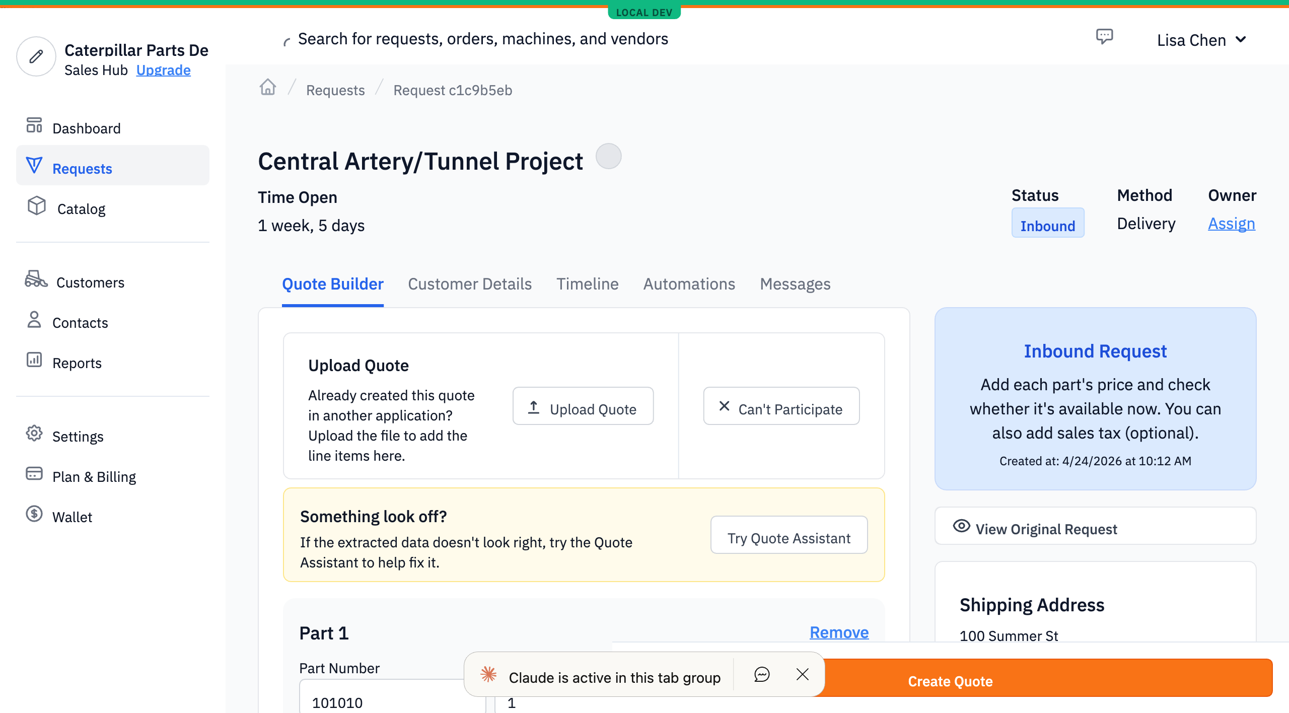 Sales Hub RFQ page with the Quote Builder visible and an Upload Quote button at the top of the items area.
