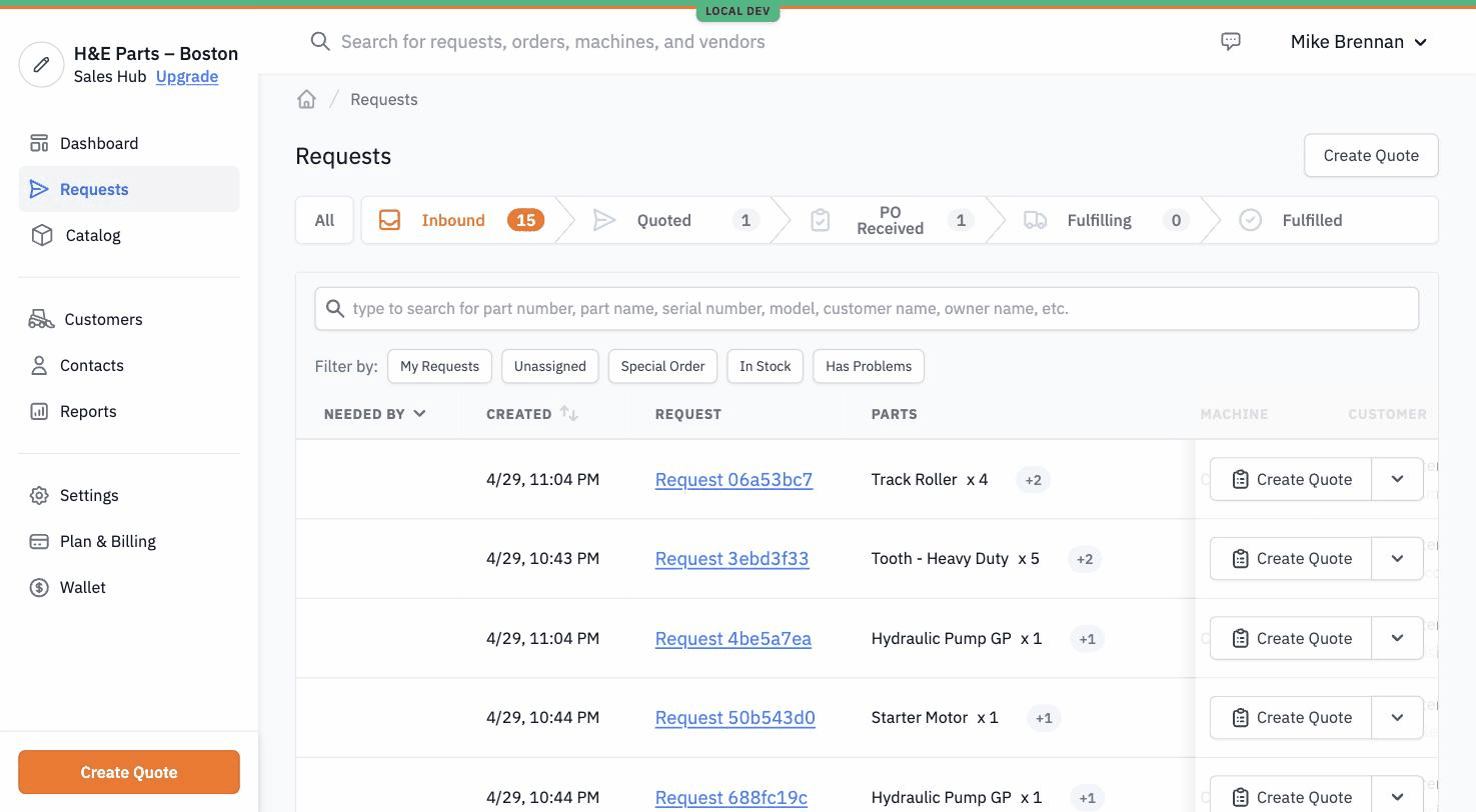 Sales Hub Pro Requests tab showing inbound Requests with parts, quantities, and Create Quote buttons.