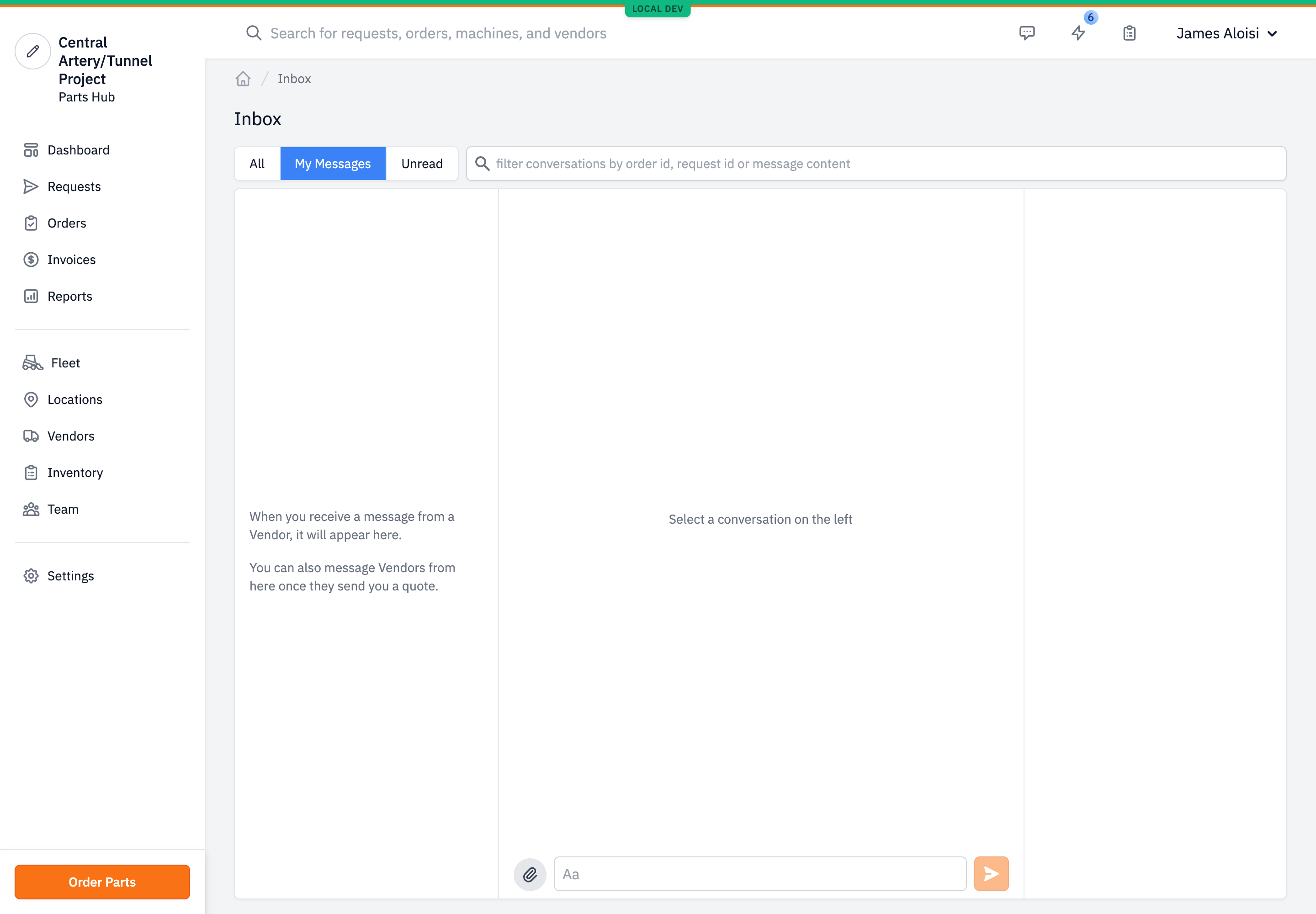 The Parts Hub Pro Inbox: a header reading Inbox, the All / My Messages / Unread tabs with My Messages selected, a filter box, and an empty conversation pane reading 'When you receive a message from a Vendor, it will appear here.'