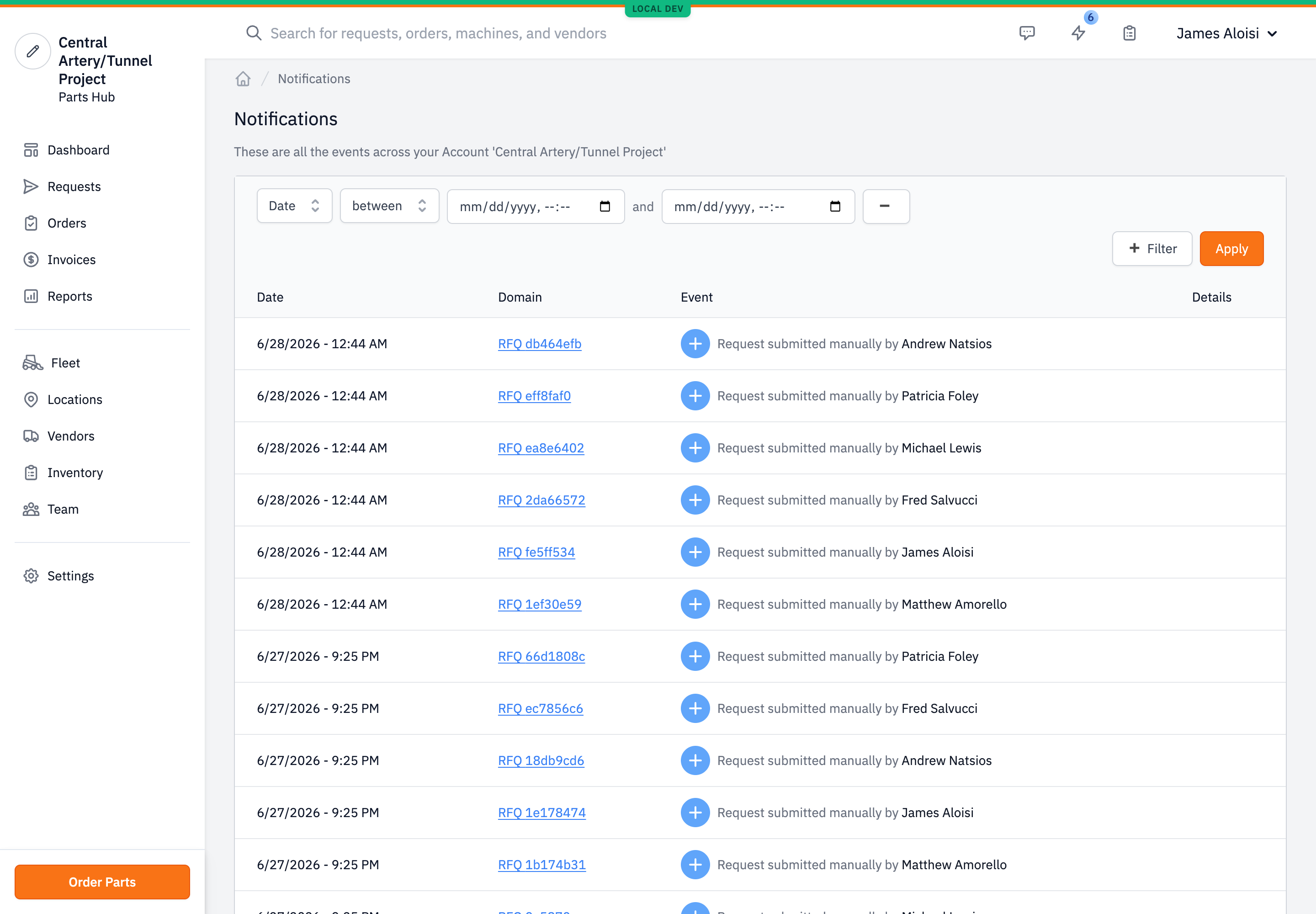The full activity log at /notifications, titled Notifications, subtitle 'These are all the events across your Account', a date-range filter, and a table of Date / Domain / Event / Details rows showing 'Request submitted manually by …' against RFQ records.