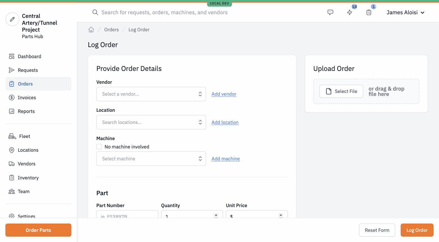 The Log Order page showing a single-page form with vendor, location, and machine fields plus a parts section, and an Upload Order drop zone in a sidebar.