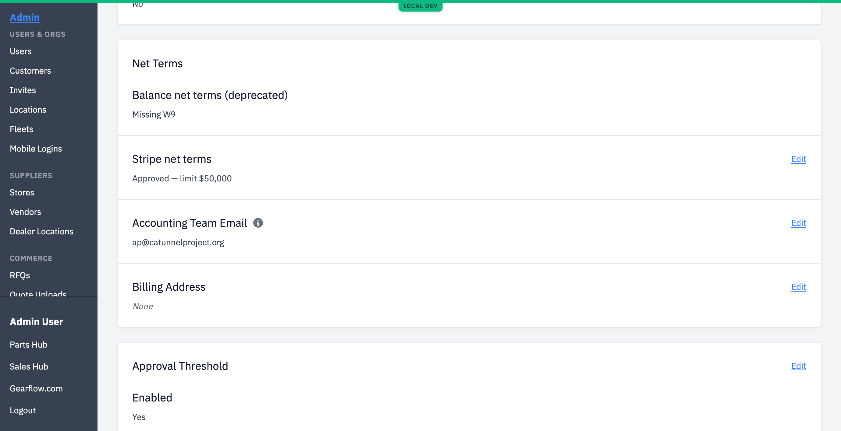 The Net Terms card on an organization's admin page. It shows 'Balance net terms (deprecated)' with a 'Missing W9' note, then 'Stripe net terms — Approved — limit $50,000', an 'Accounting Team Email' of ap@catunnelproject.org, and a Billing Address field.