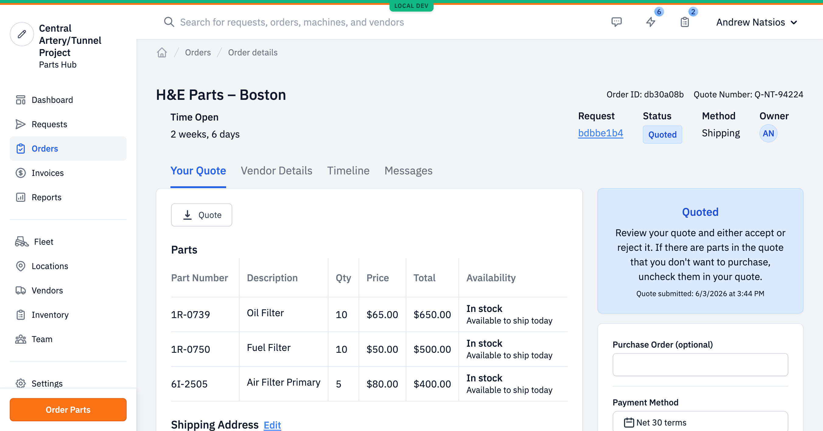 The same Quote-review page with the Payment Method picker expanded, showing two radio options: 'Net 30 terms' and 'Credit card'.