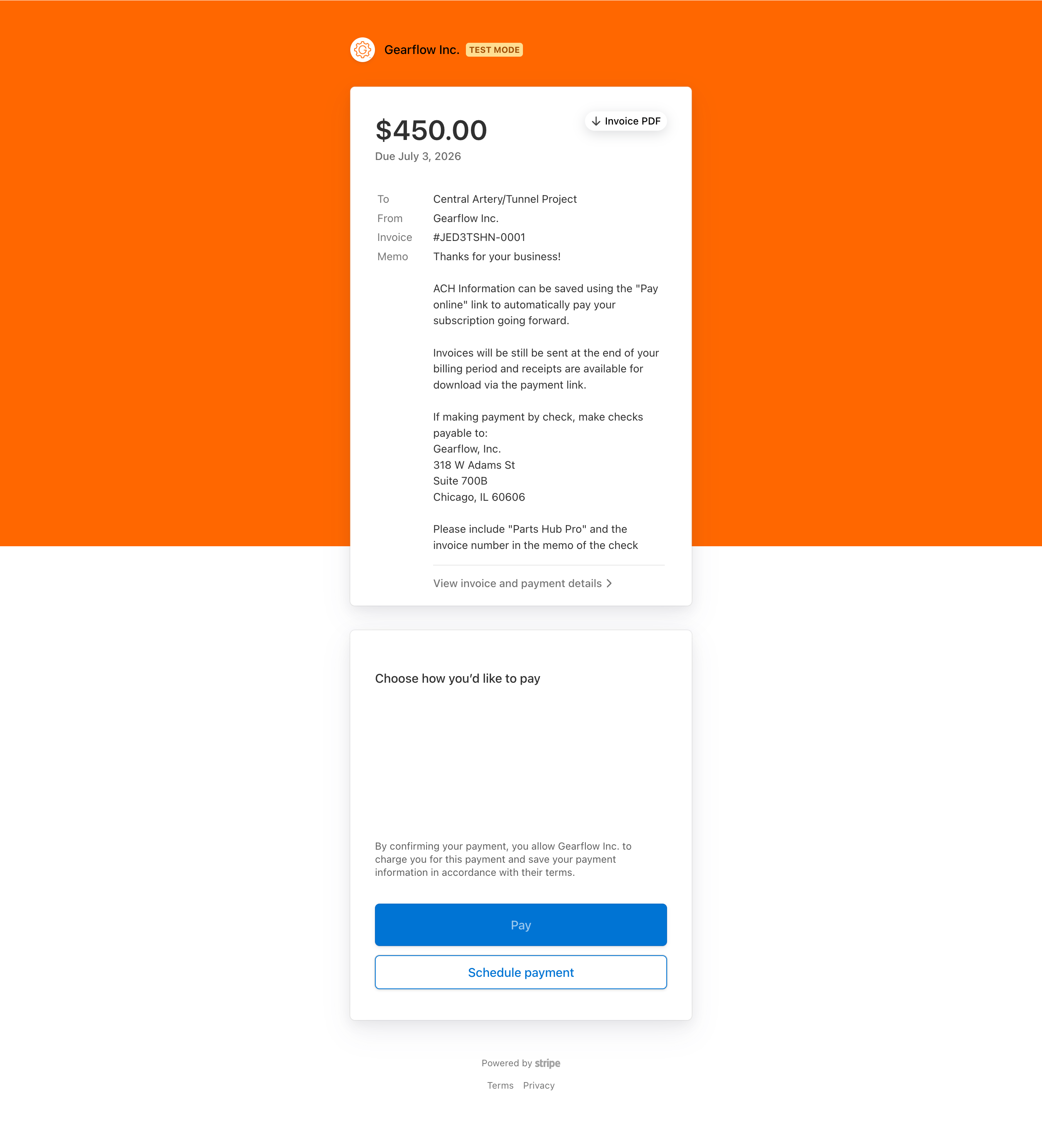 A hosted invoice for $450.00 from Gearflow Inc. (marked TEST MODE), billed to Central Artery/Tunnel Project, due July 3, 2026, with an invoice number and a 'Choose how you'd like to pay' section with Pay and Schedule payment buttons.