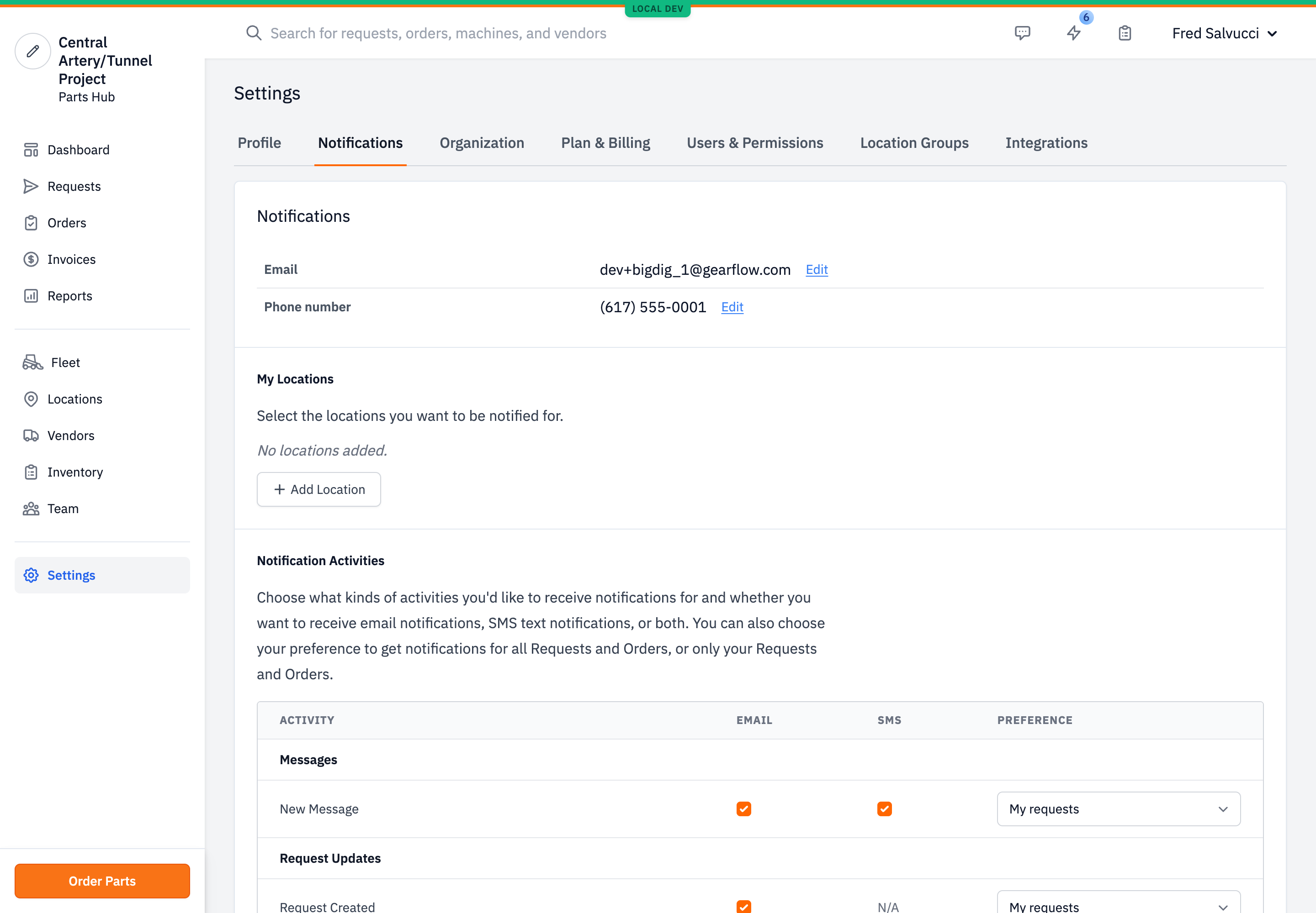 The Parts Hub Pro notification settings screen, with an Activity / Email / SMS / Preference table.