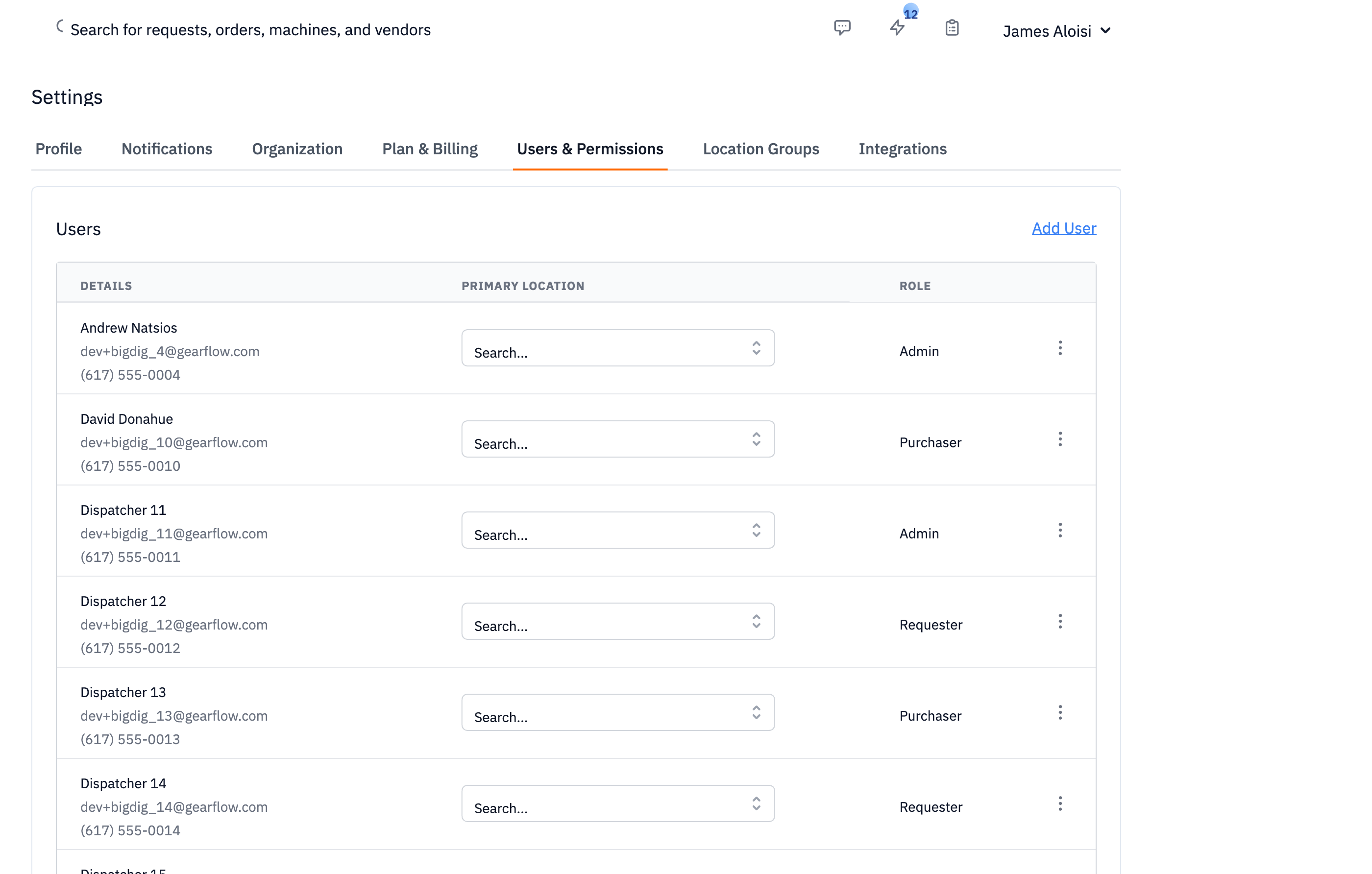 Settings → Users & Permissions showing several users with their assigned roles: Admin, Purchaser, Requester