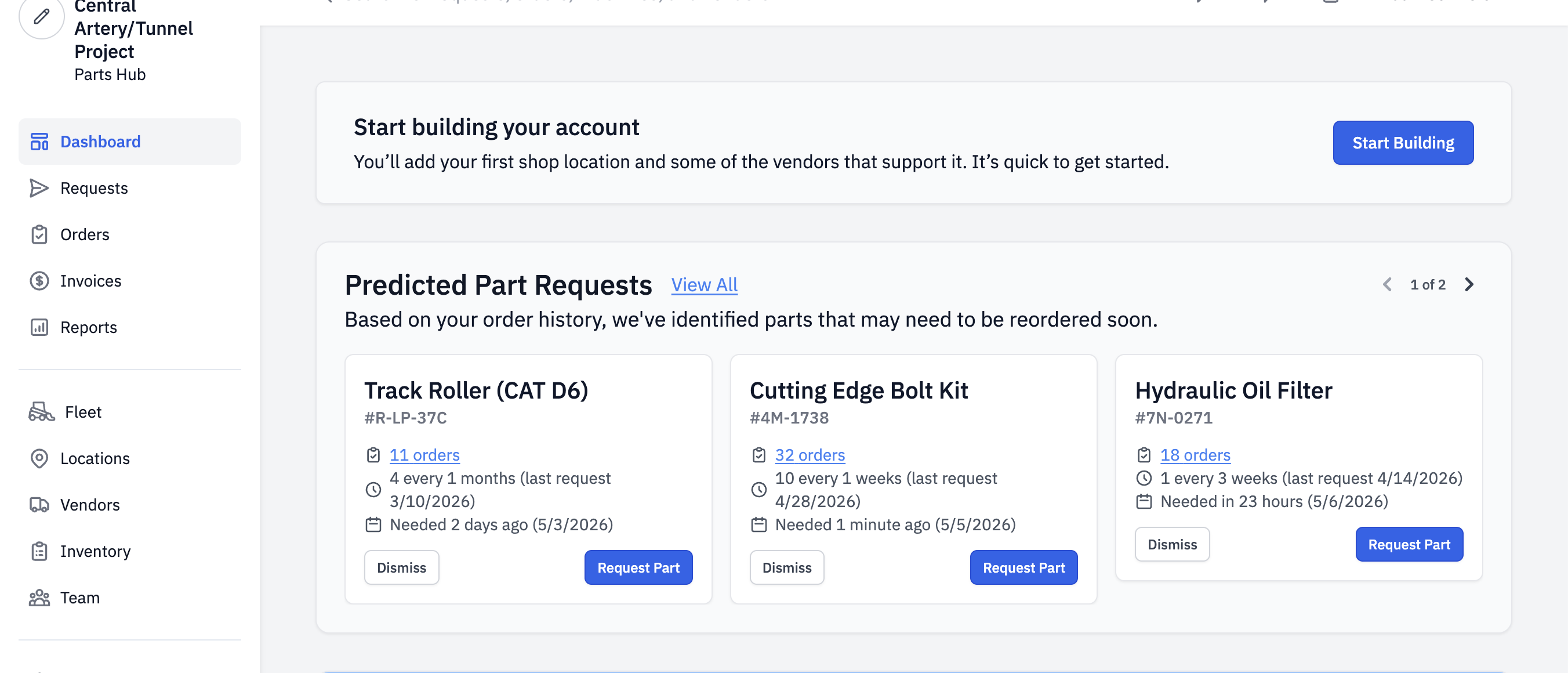 The Parts Hub Pro buyer dashboard showing the Predicted Part Requests carousel populated with three cards: Track Roller (CAT D6), Cutting Edge Bolt Kit, and Hydraulic Oil Filter, each with cadence, last-request date, needed-by date, and Dismiss / Request Part actions.