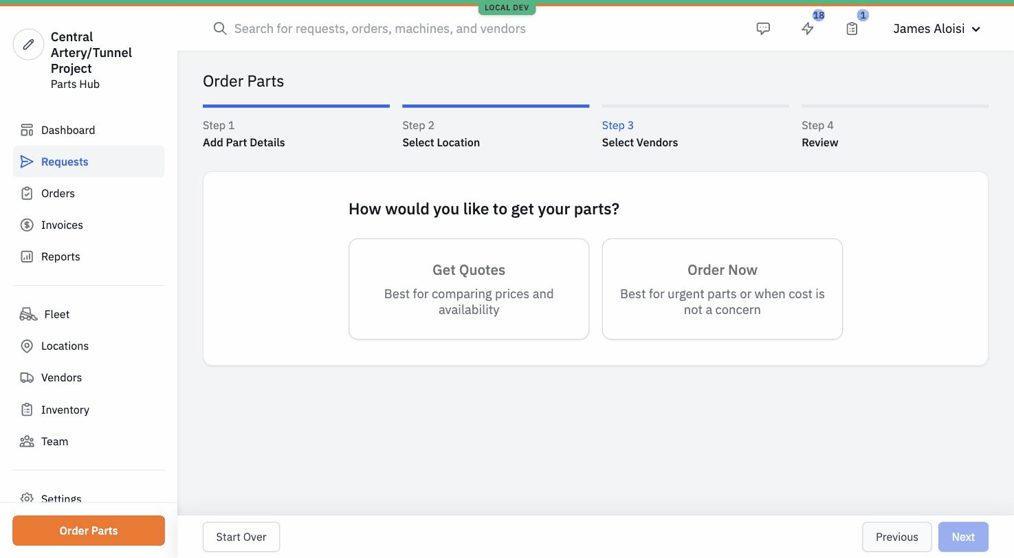A modal asking 'How would you like to get your parts?' with two cards: Get Quotes for comparing prices and Order Now for urgent parts.