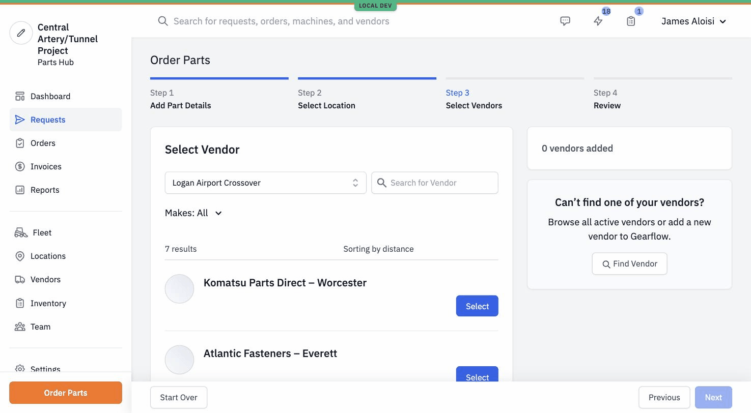 The Select Vendor step showing a list of vendors at the chosen location with Select buttons next to each, plus a sidebar showing 0 vendors added.