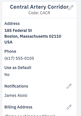 A shipping location's detail card showing address, phone, and a Notifications section listing the attached user James Aloisi with a pencil-edit icon.