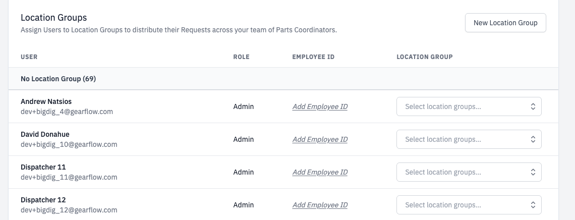 Settings → Location Groups: the 'Assign Users to Location Groups' table with a New Location Group button and a per-user 'Select location groups' control.