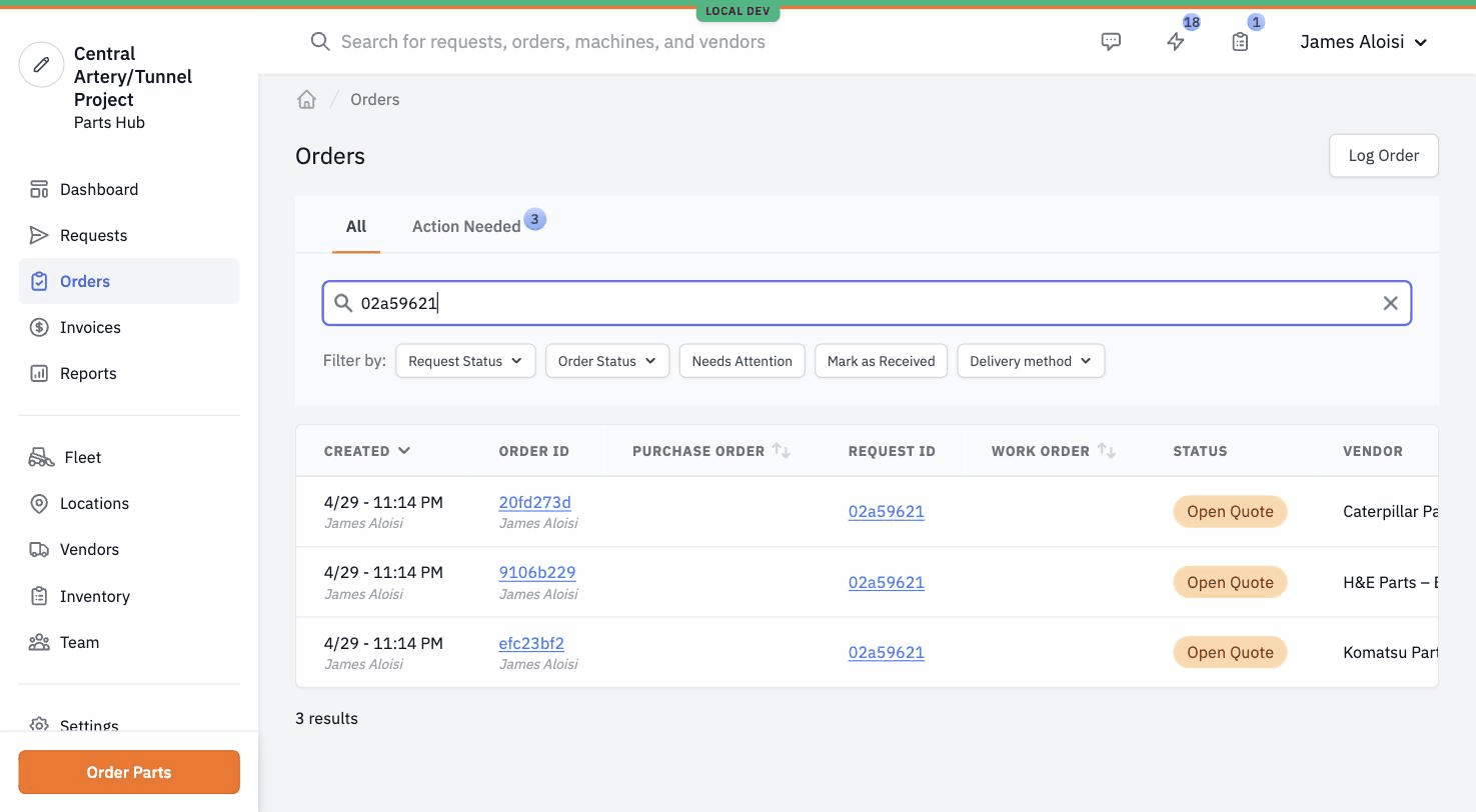The Orders list filtered to one Request ID, showing three Quote rows from three different vendors all in 'Open Quote' status.