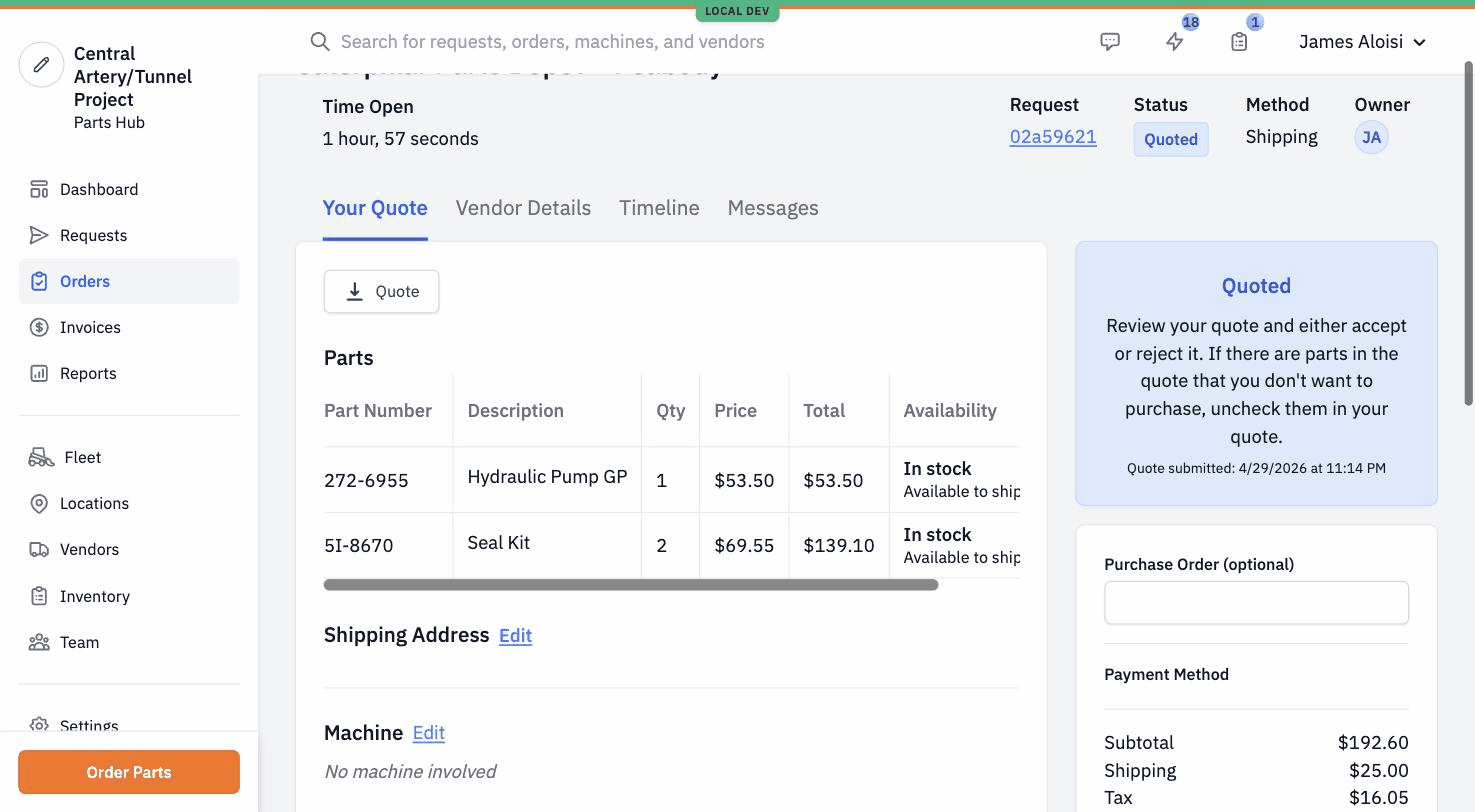 A single Quote's detail page showing vendor name, parts with prices and availability, status 'Quoted' in a sidebar, and a purchase order field.