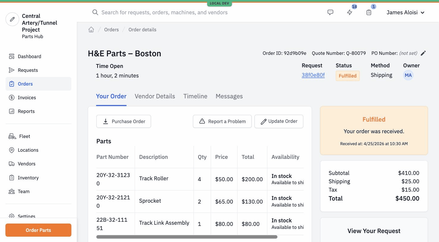 A Fulfilled Order detail page showing the winning vendor, parts with prices, status 'Fulfilled', received timestamp, and order totals.