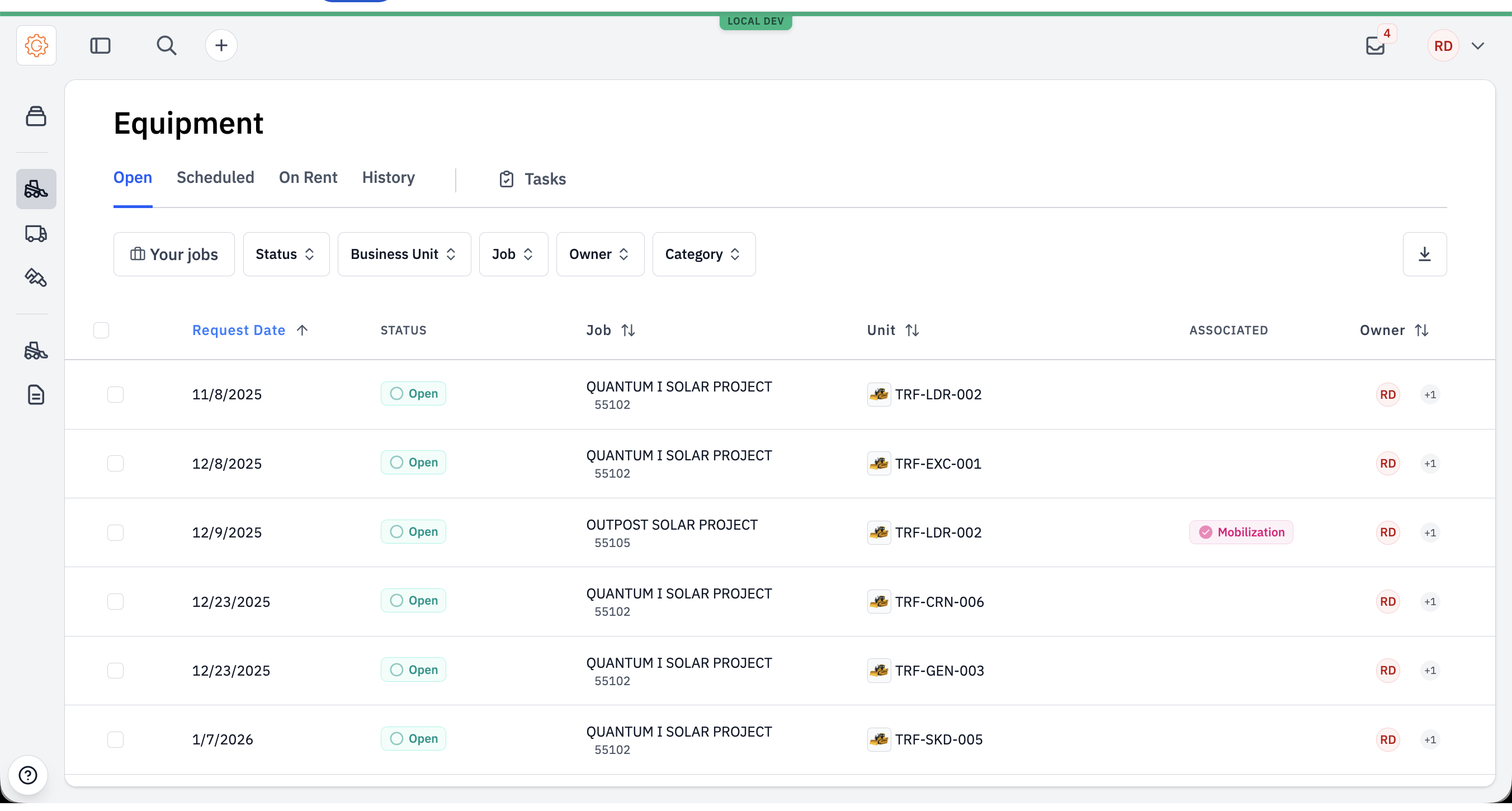 The Equipment tab showing rows of equipment requests with their status pills, jobs, units, and owners.