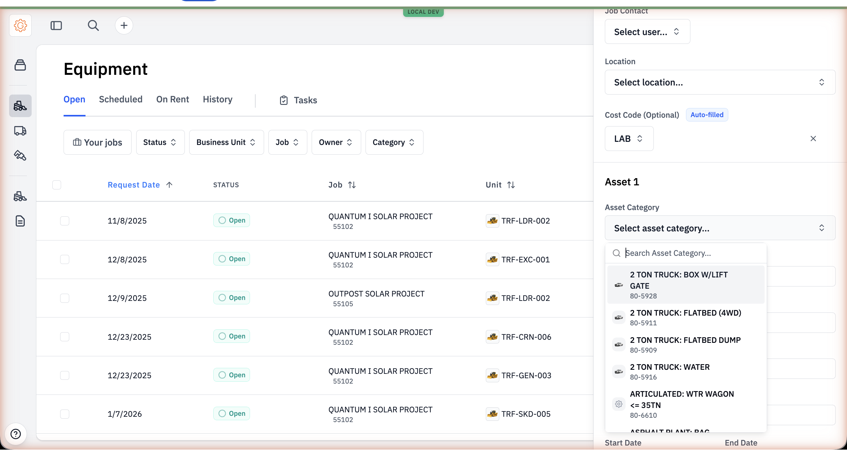 The Create Request form with the Asset Category picker open, showing scrollable categories like 2 Ton Truck and Articulated Water Wagon.
