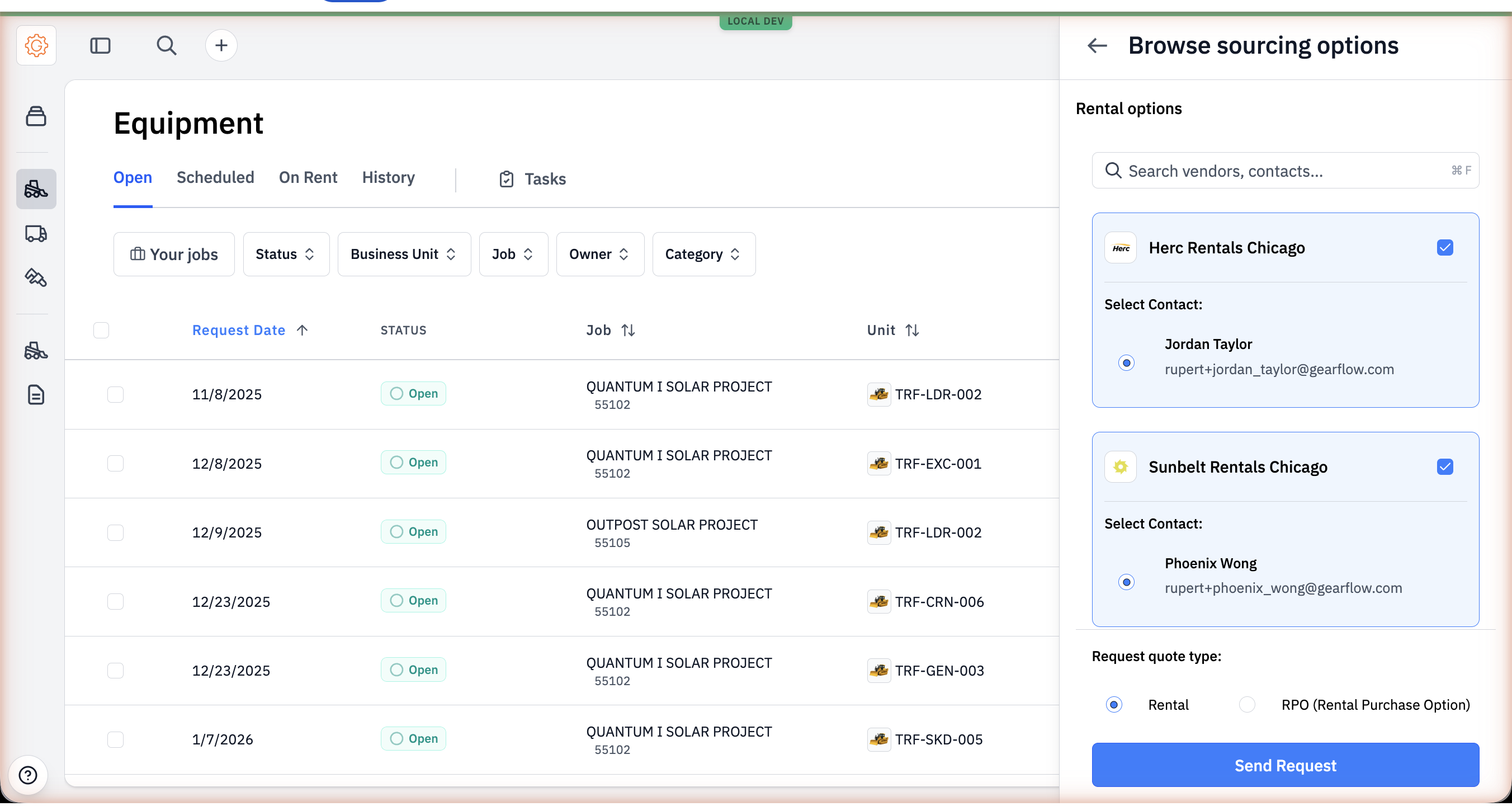 The Browse sourcing options panel with Herc Rentals Chicago and Sunbelt Rentals Chicago checked, contacts auto-selected, Rental quote type chosen, and a Send Request button.