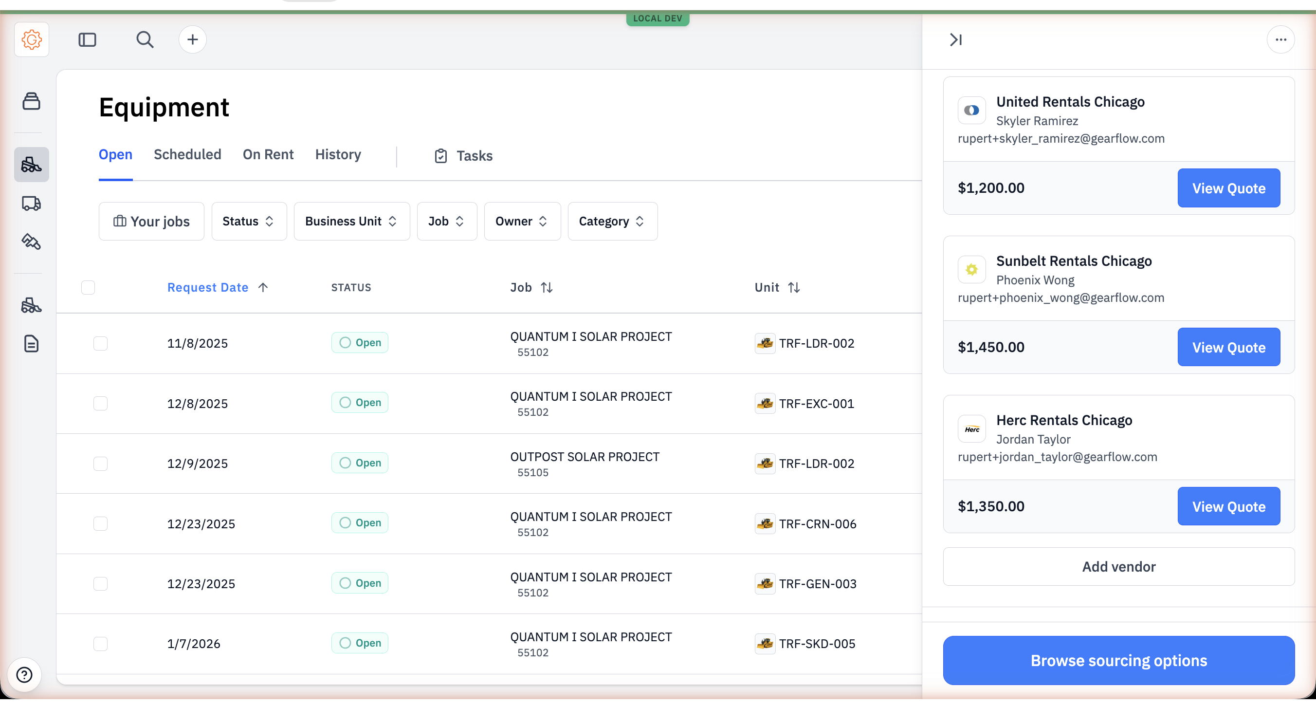 The Sourcing section of a Quoted request with three vendor rows — United Rentals $1,200, Sunbelt $1,450, Herc $1,350 — each with a View Quote button.