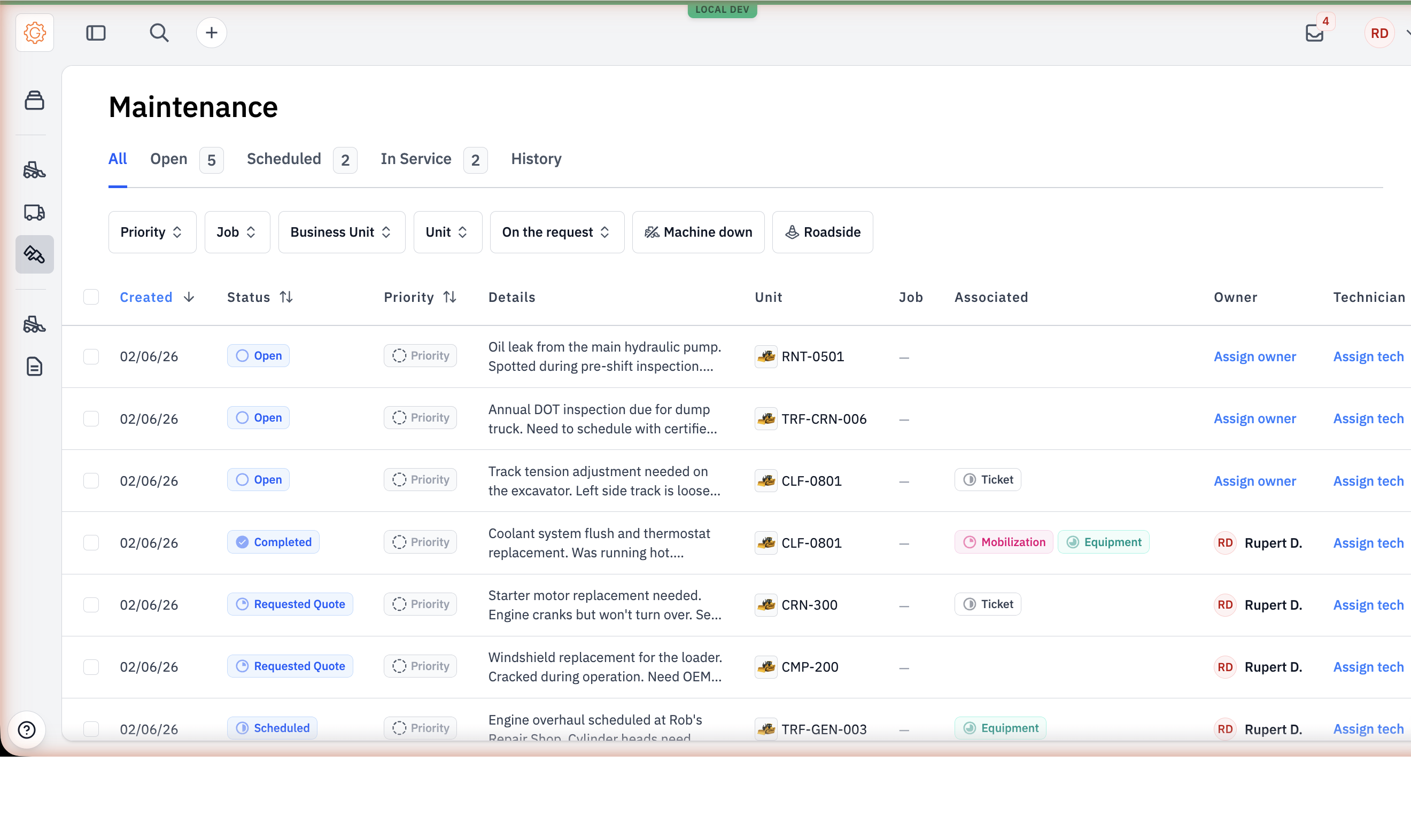 Maintenance list view