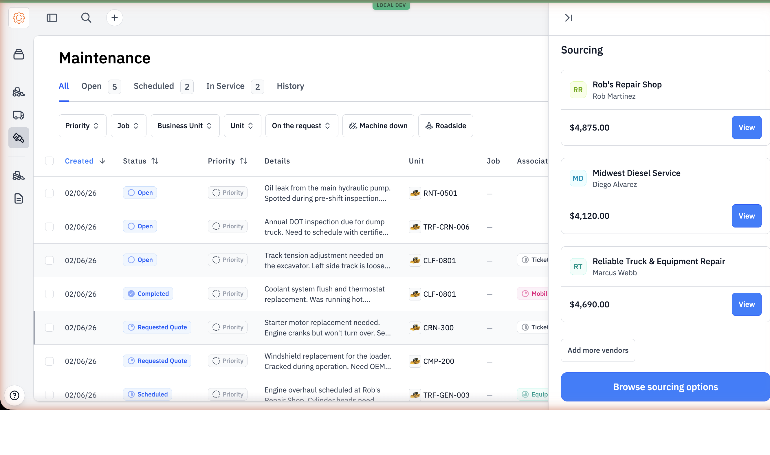 Three vendor quotes side by side in the Sourcing section