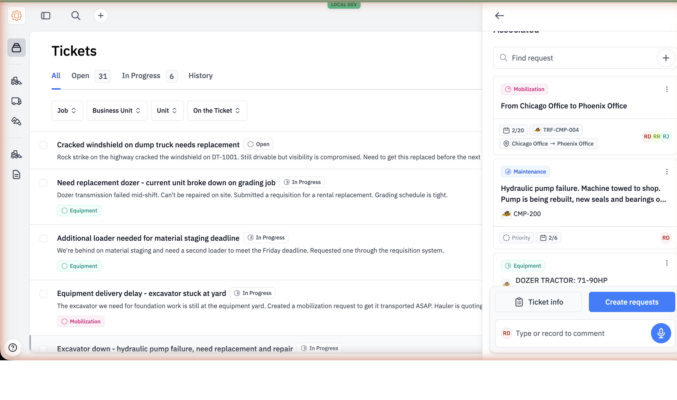 Ticket detail panel with linked Maintenance request