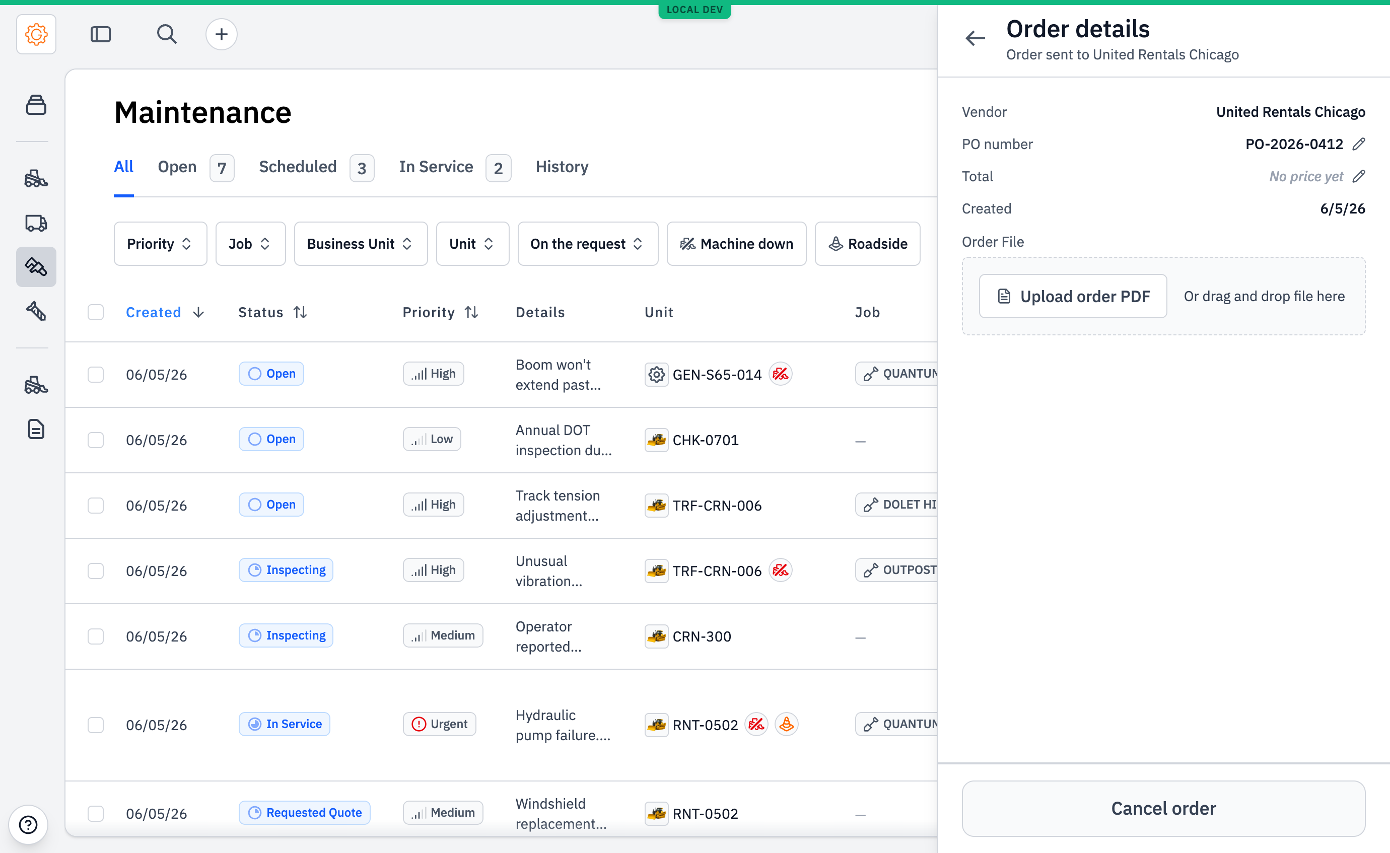 Order details sheet with an editable PO number and total