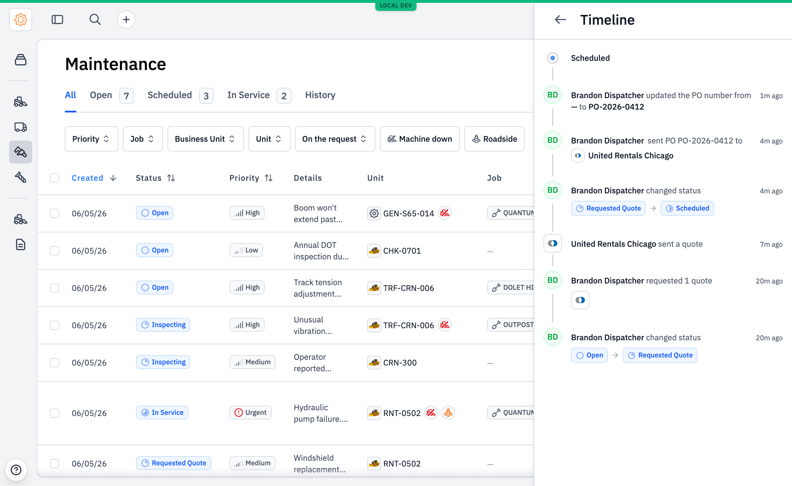 Request timeline showing an audit entry for a PO number edit