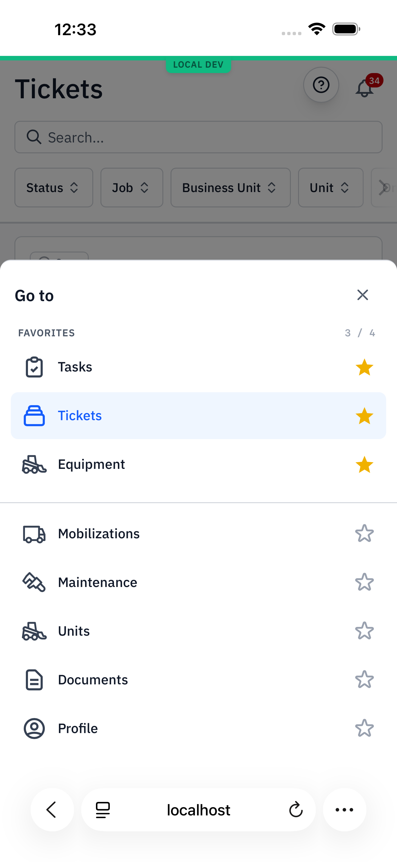 The sheet after unpinning Mobilizations. The FAVORITES counter reads 3 / 4 with Tasks, Tickets, and Equipment; Mobilizations has moved below the divider with a hollow star.