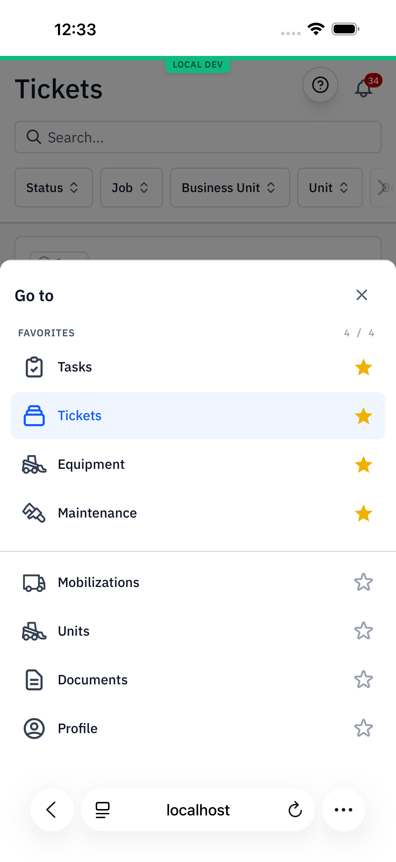 The sheet after favoriting Maintenance. The FAVORITES counter reads 4 / 4 with Tasks, Tickets, Equipment, and Maintenance; Mobilizations now sits below the divider.