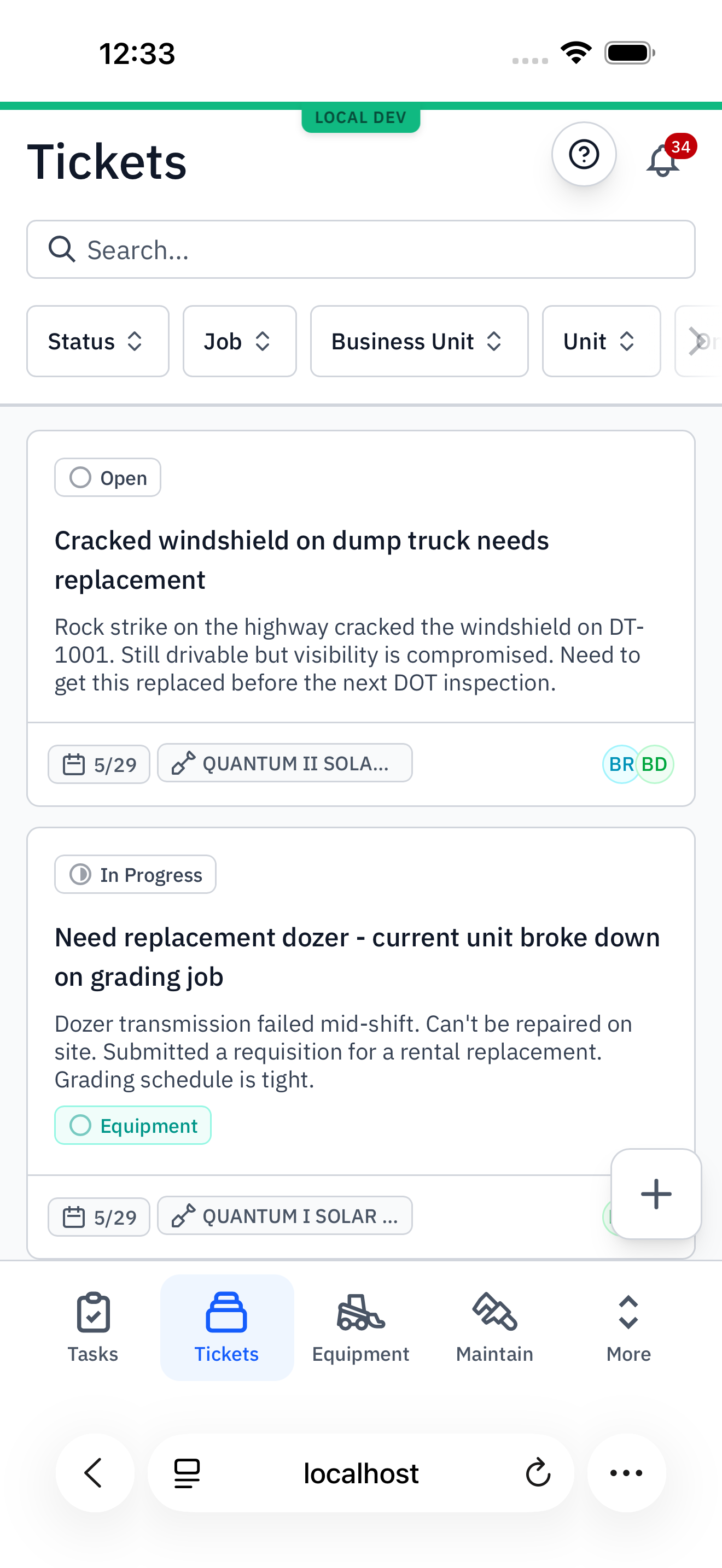 The bottom bar now shows Tasks, Tickets, Equipment, Maintain, followed by More.