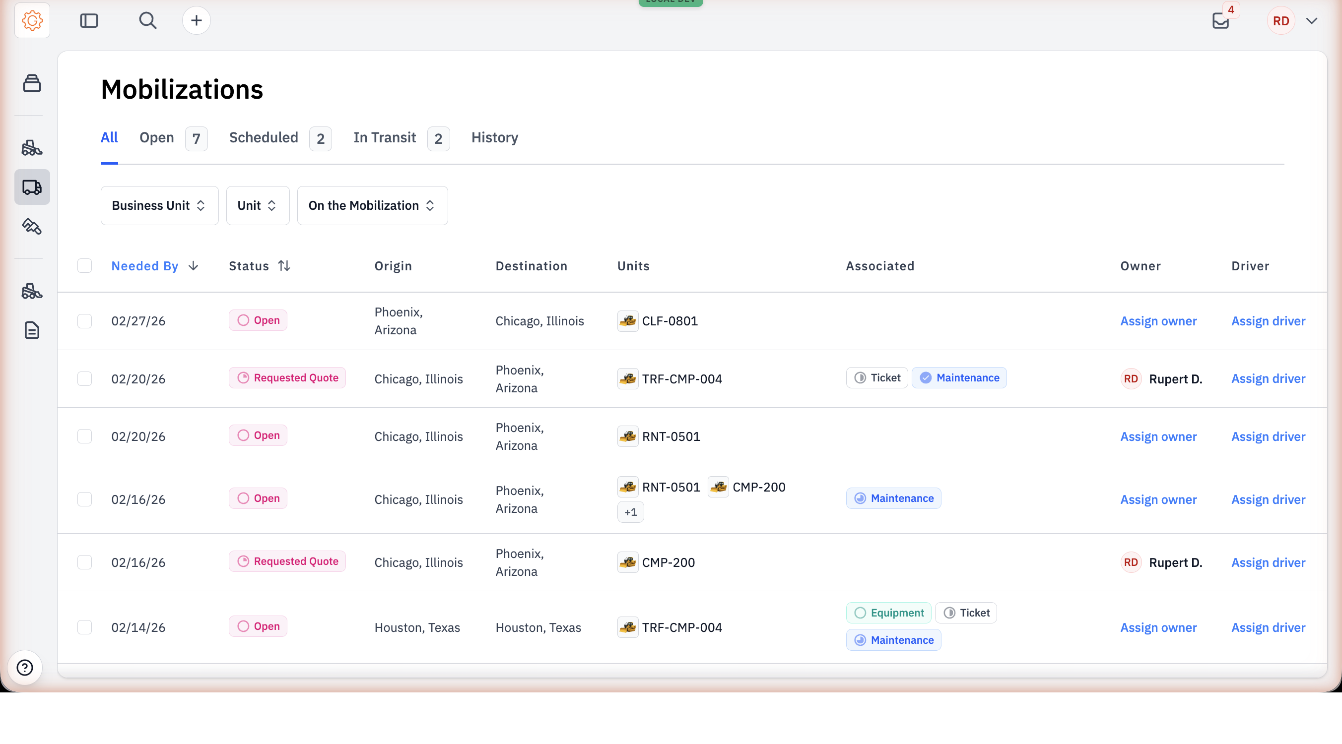 The Mobilizations list view with rows showing needed-by date, status pill, origin, destination, assets, associated records, owner, and driver.