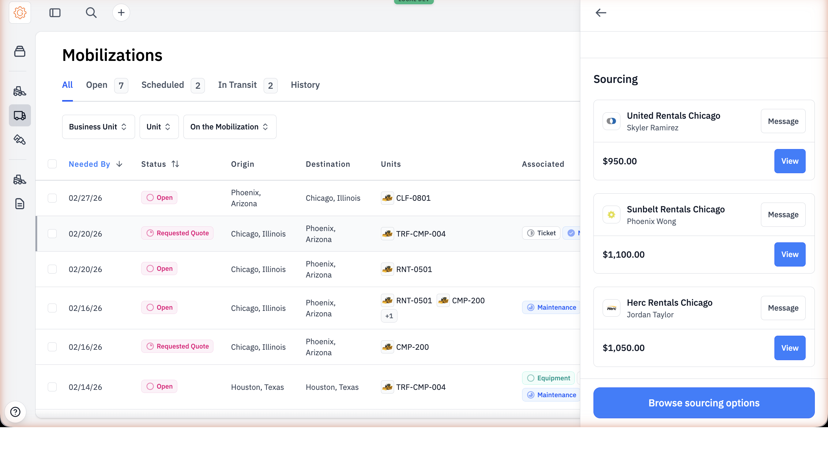 The Sourcing section of a Requested Quote mobilization with three vendor rows — United Rentals Chicago $950, Sunbelt Rentals Chicago $1,100, Herc Rentals Chicago $1,050 — each with a View button.