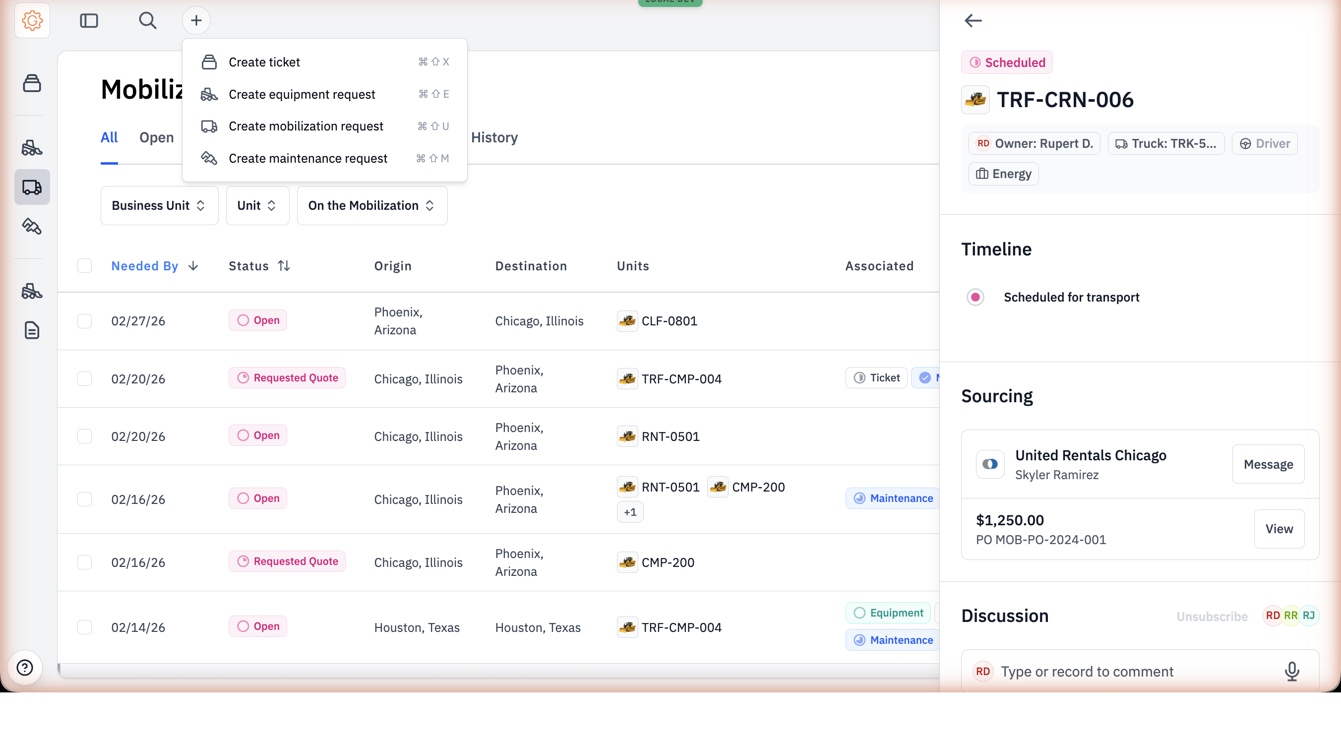 The plus-button menu open showing Create ticket, Create equipment request, Create mobilization request, Create maintenance request.