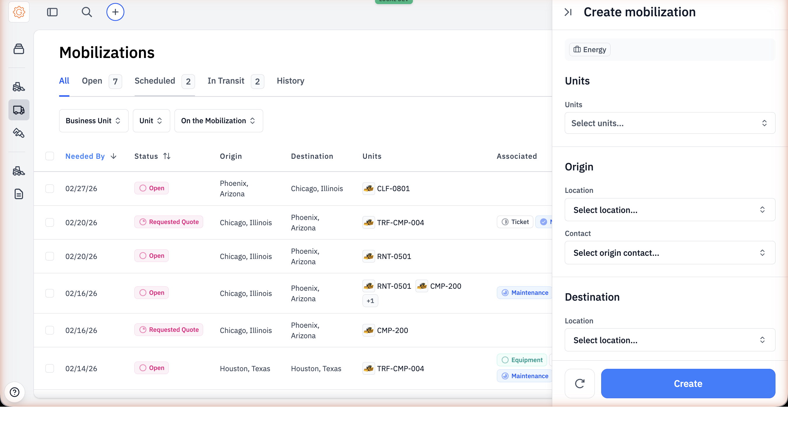 The Create mobilization form showing Units, Origin (Location, Contact), and Destination (Location) fields stacked vertically with a Create button at the bottom.