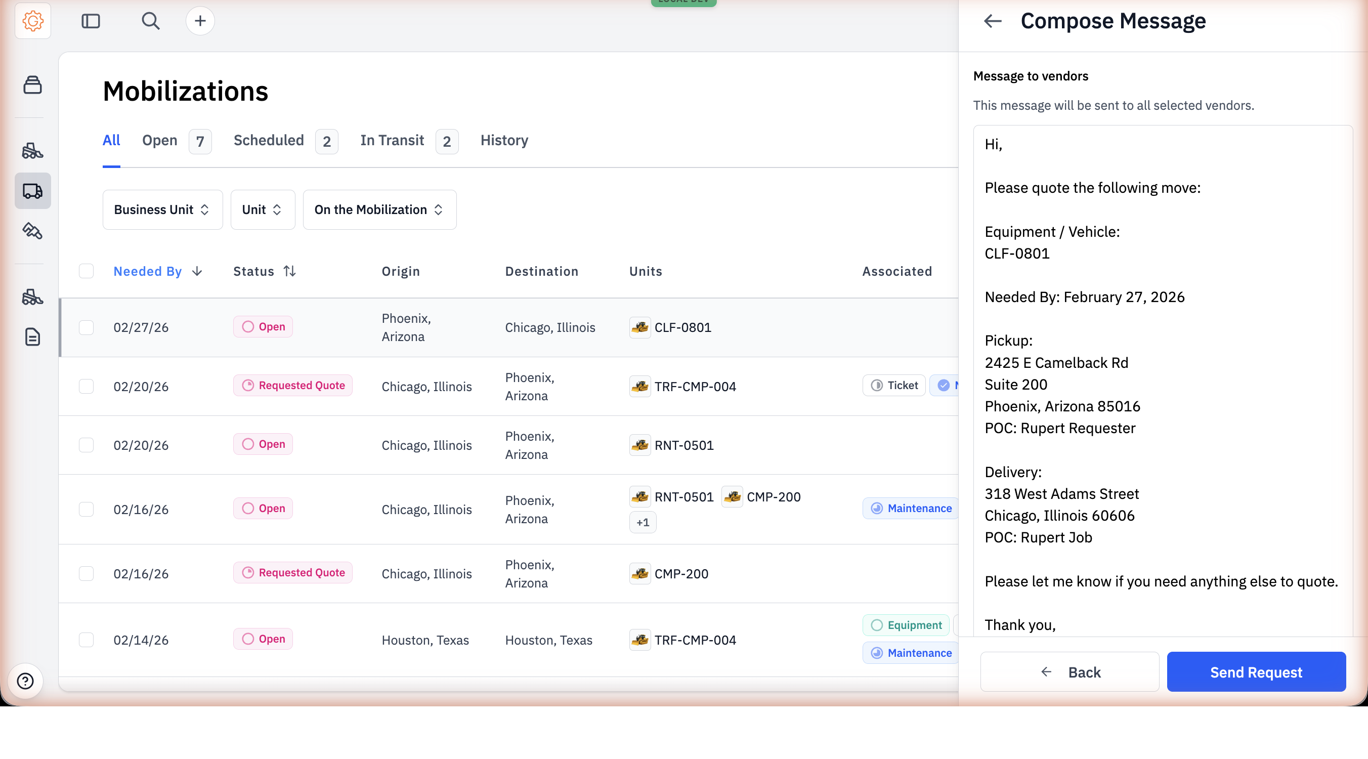 The Compose Message step showing an auto-filled email with the move details — equipment, needed-by date, pickup address and POC, delivery address and POC, and a Send Request button.