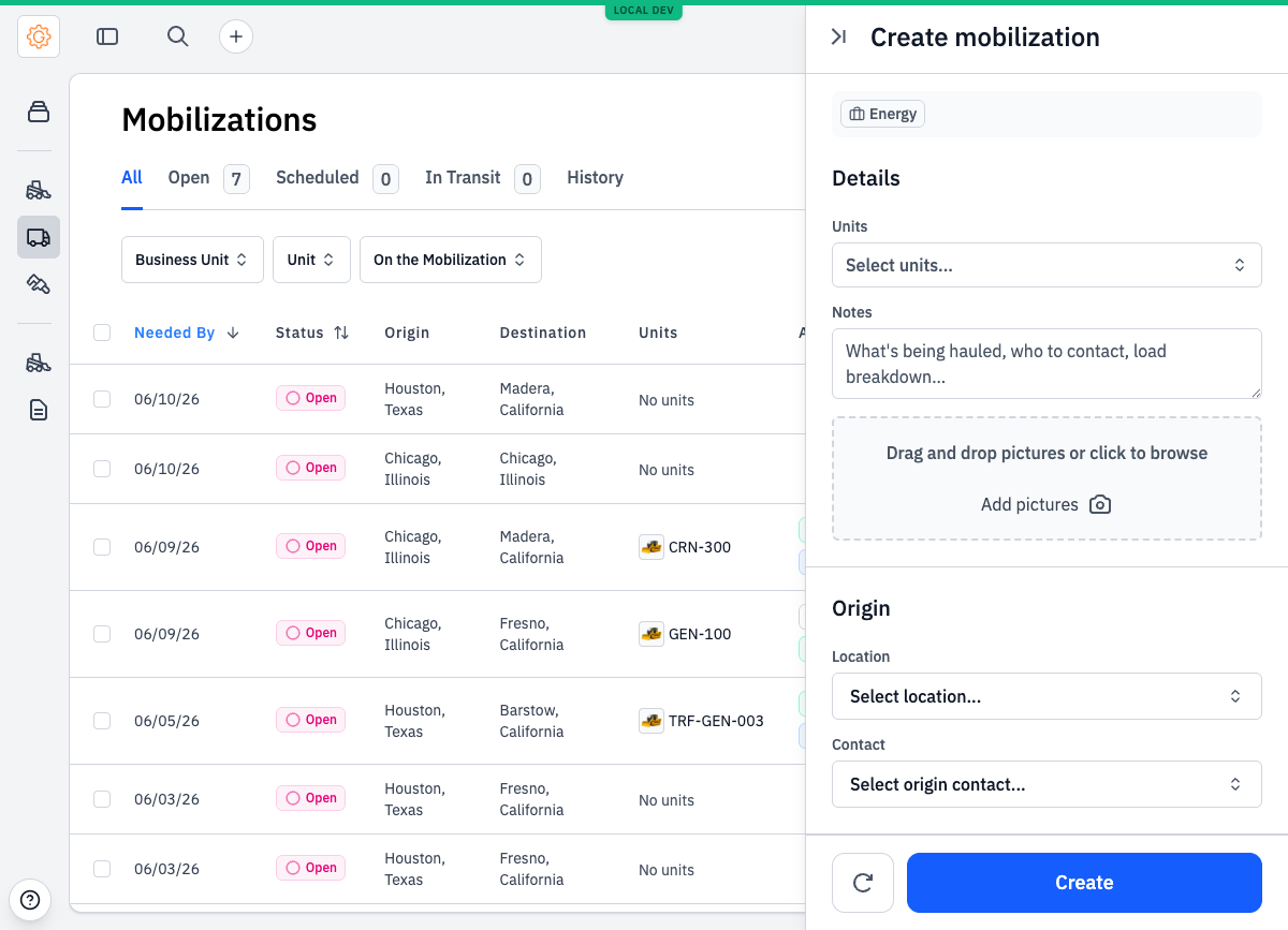 The Create mobilization form's Details section: an empty Units picker, a Notes field reading 'What's being hauled, who to contact, load breakdown…', and a picture-upload area. The list behind shows several moves marked 'No units'.
