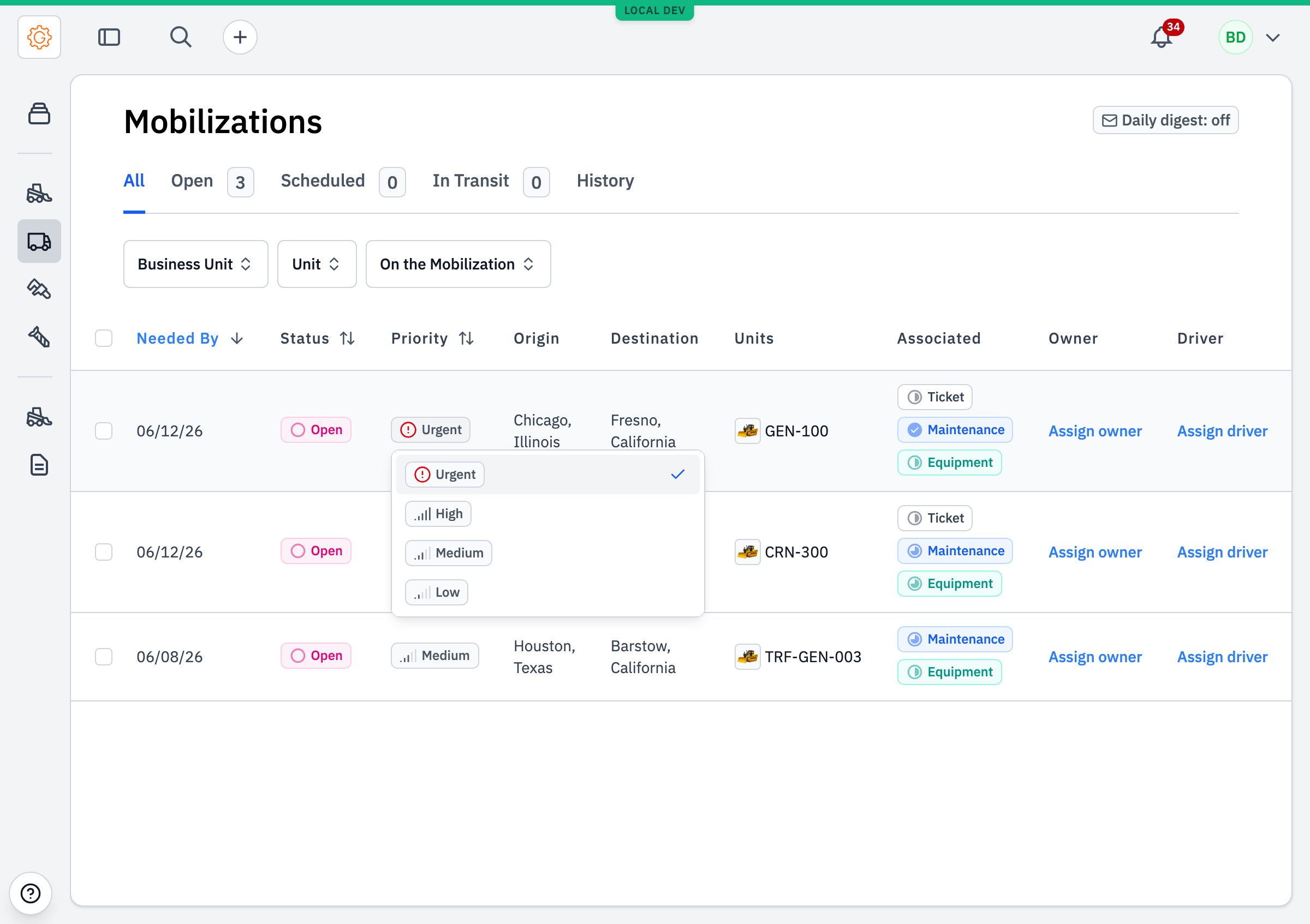 The inline priority selector open on a list row, showing Urgent (checked), High, Medium, and Low options.