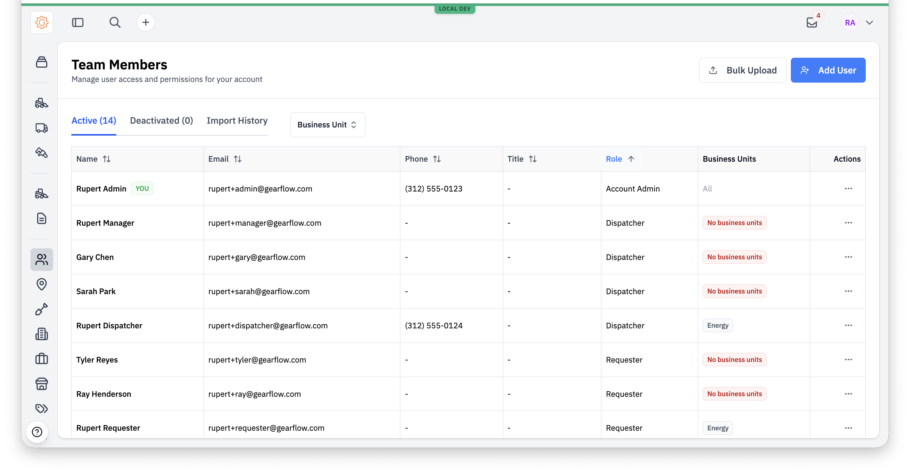 Settings → Team Members showing the user table sorted by role with Account Admin, Dispatchers, and Requesters