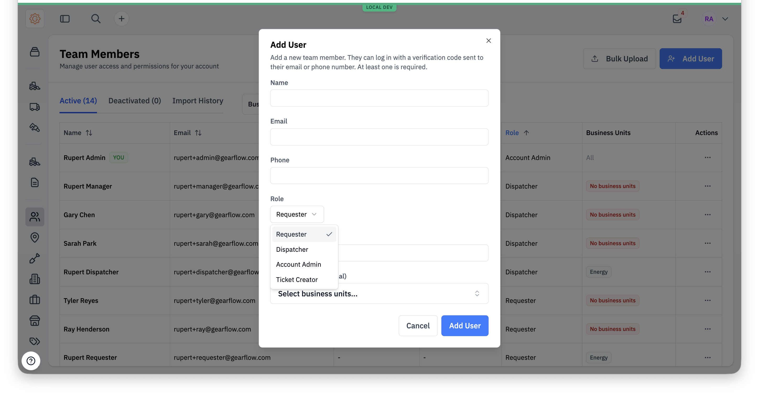 Add User dialog with the Role dropdown open, showing Requester, Dispatcher, Account Admin, and Ticket Creator