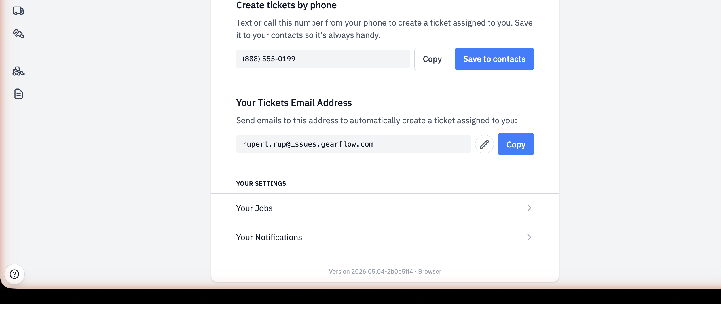 Profile screen showing the Create tickets by phone number and Your Tickets Email Address sections