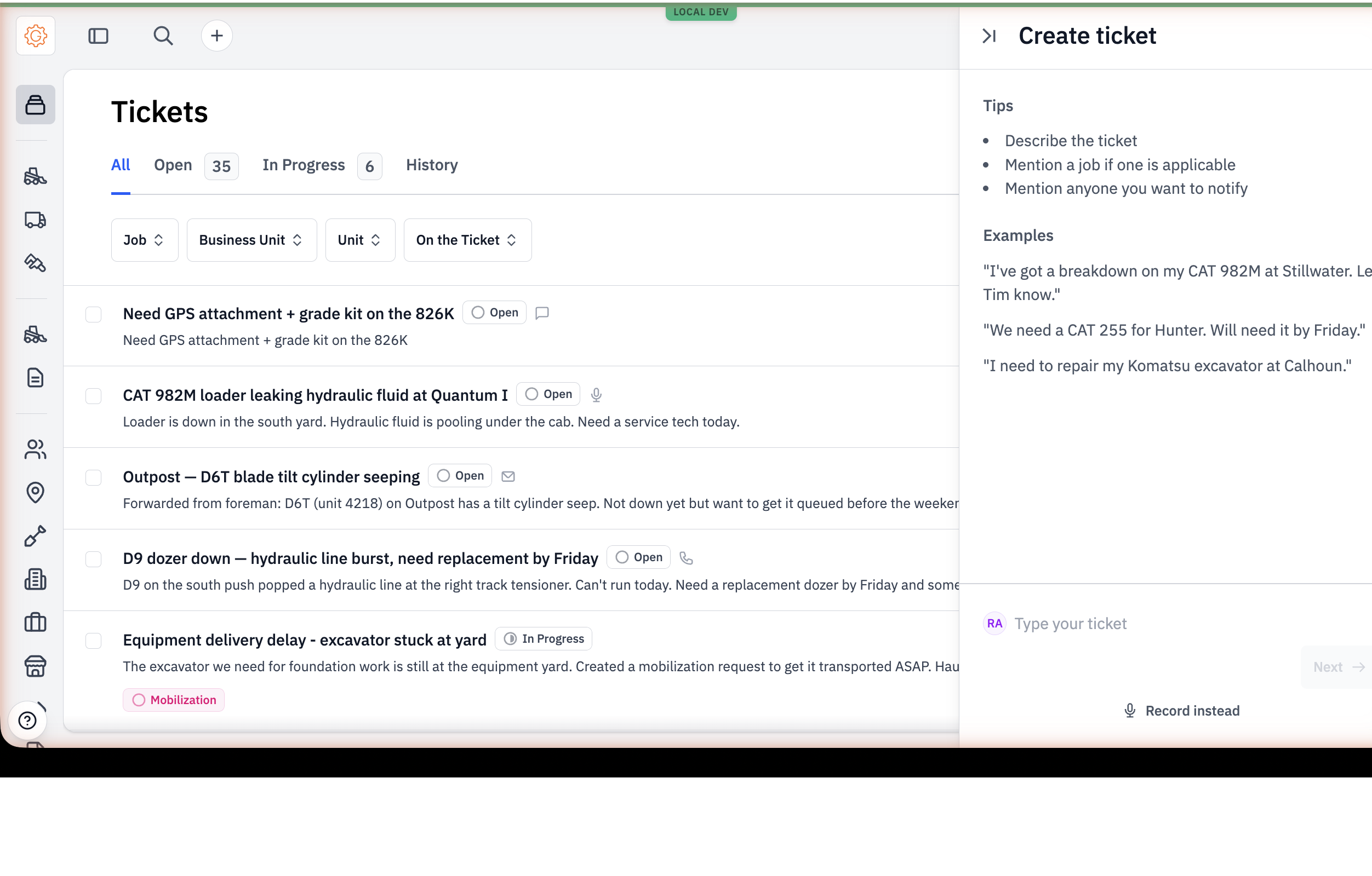 Create ticket panel with Type your ticket input and Record instead button