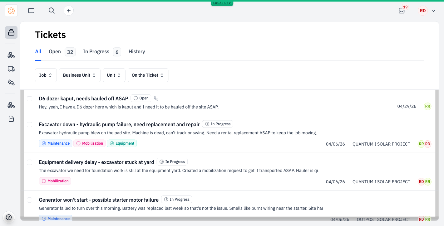 The Tickets list view, showing four open tickets with category tags and statuses.