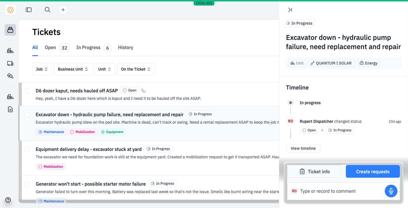 Ticket detail panel showing title, tags, timeline, and action buttons.