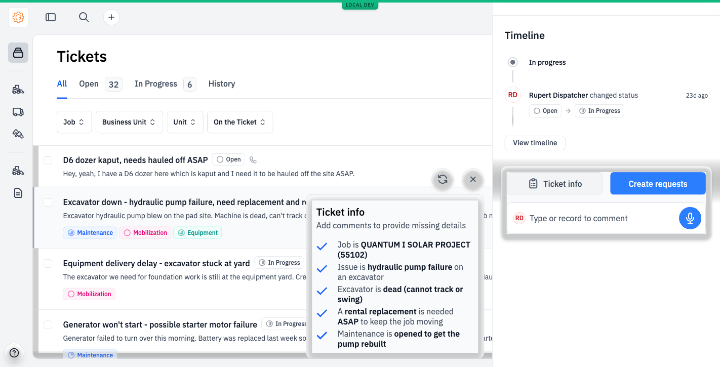 Ticket info popover listing facts: job, issue, machine status, rental needed, maintenance opened.