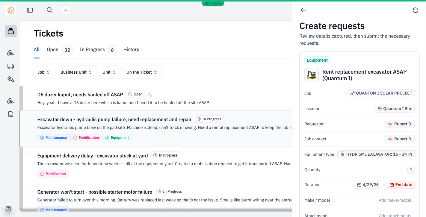 Create requests panel showing a pre-filled Equipment request: Rent replacement excavator ASAP at Quantum I, with job, location, requester, equipment type, quantity, and duration filled in.