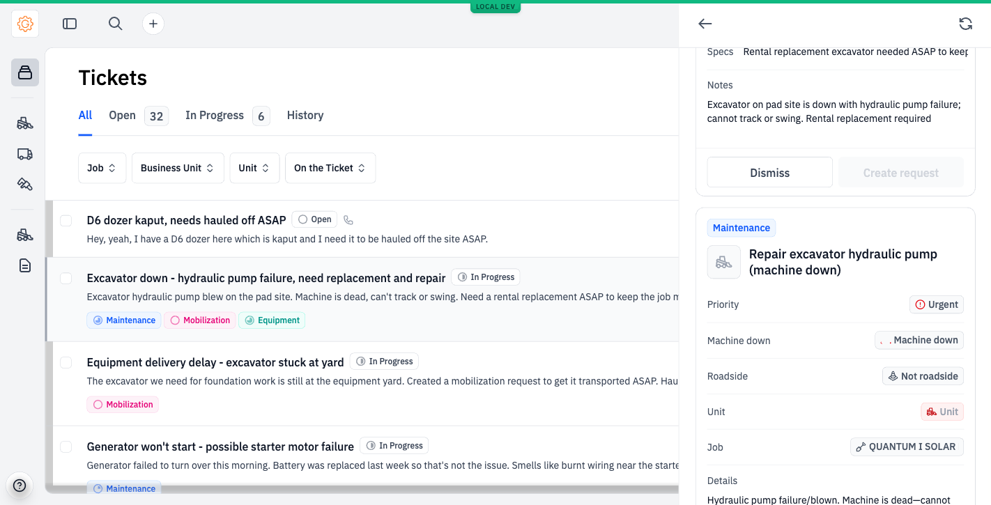Lower in the create requests panel: notes for the equipment request, then the start of a Maintenance request titled 'Repair excavator hydraulic pump (machine down)' with priority Urgent.