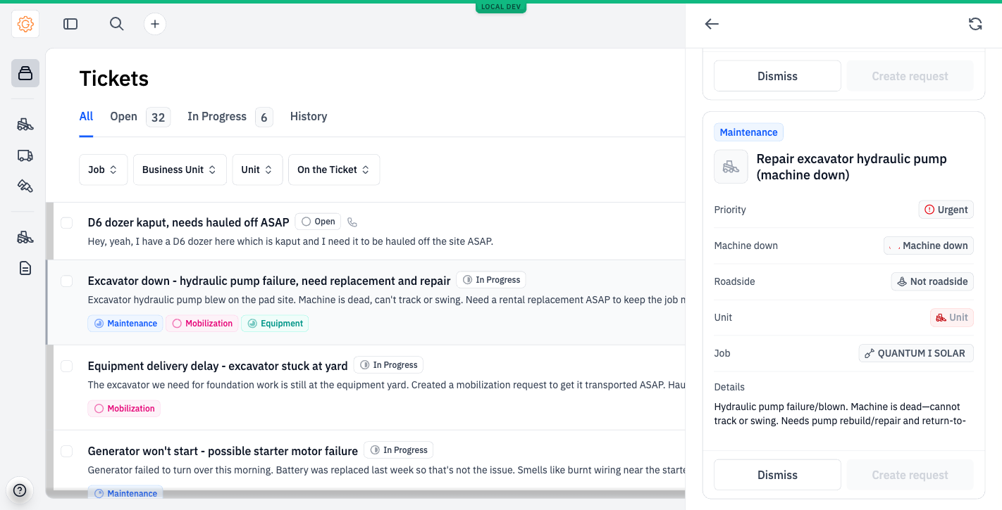 Bottom of the create requests panel showing the full Maintenance request and Dismiss / Create request buttons.