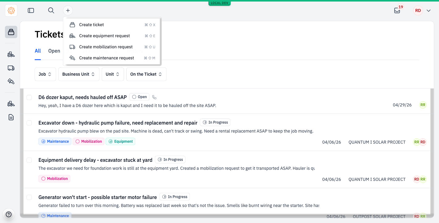 Plus-button menu with Create ticket, Create equipment request, Create mobilization request, and Create maintenance request.
