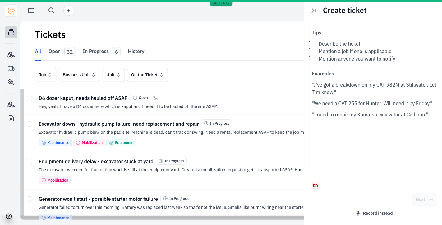 Create ticket panel showing tips, examples, and a 'Type your ticket' input.